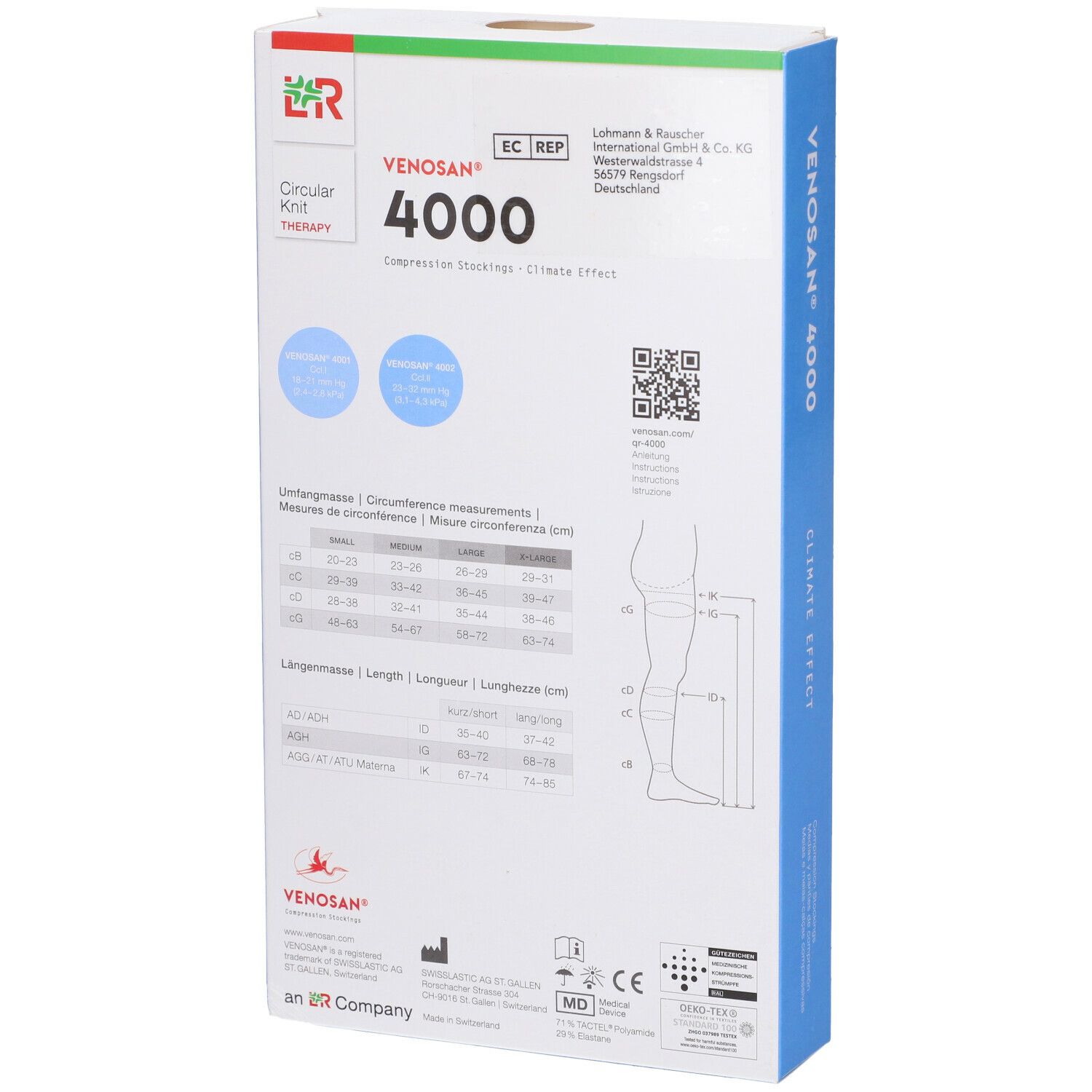 Calze a compressione Venosan 4000. Retro della confezione con tabella taglie e codice QR.
