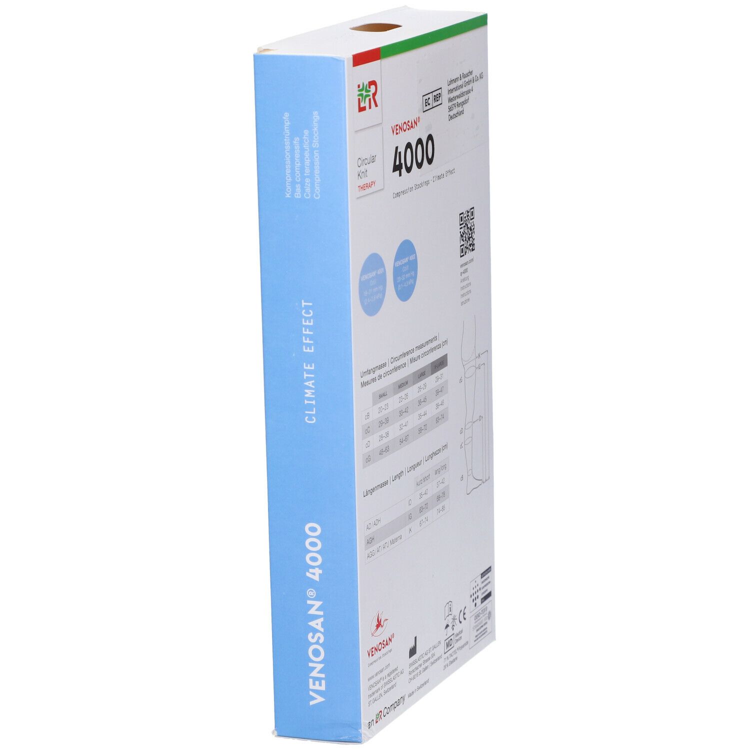Calze a compressione Venosan 4000. Vista laterale della confezione con tabella taglie e codice QR.