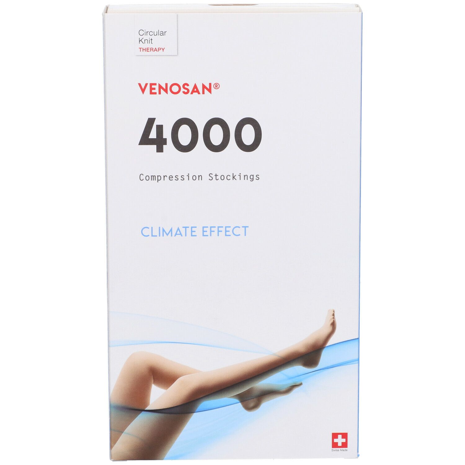 Confezione di calze a compressione Venosan 4000. Immagine del prodotto e croce svizzera. Testo: Climate Effect.