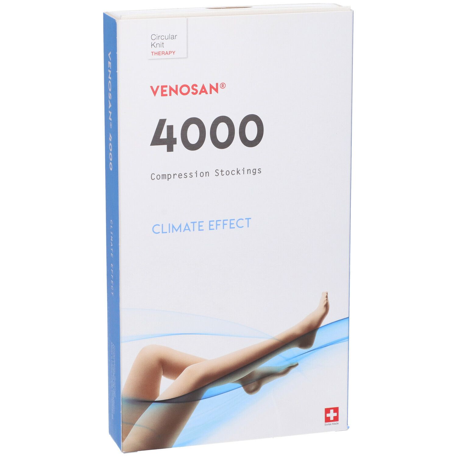 Confezione di calze a compressione Venosan 4000. Immagine del prodotto e croce svizzera. Testo: Climate Effect.
