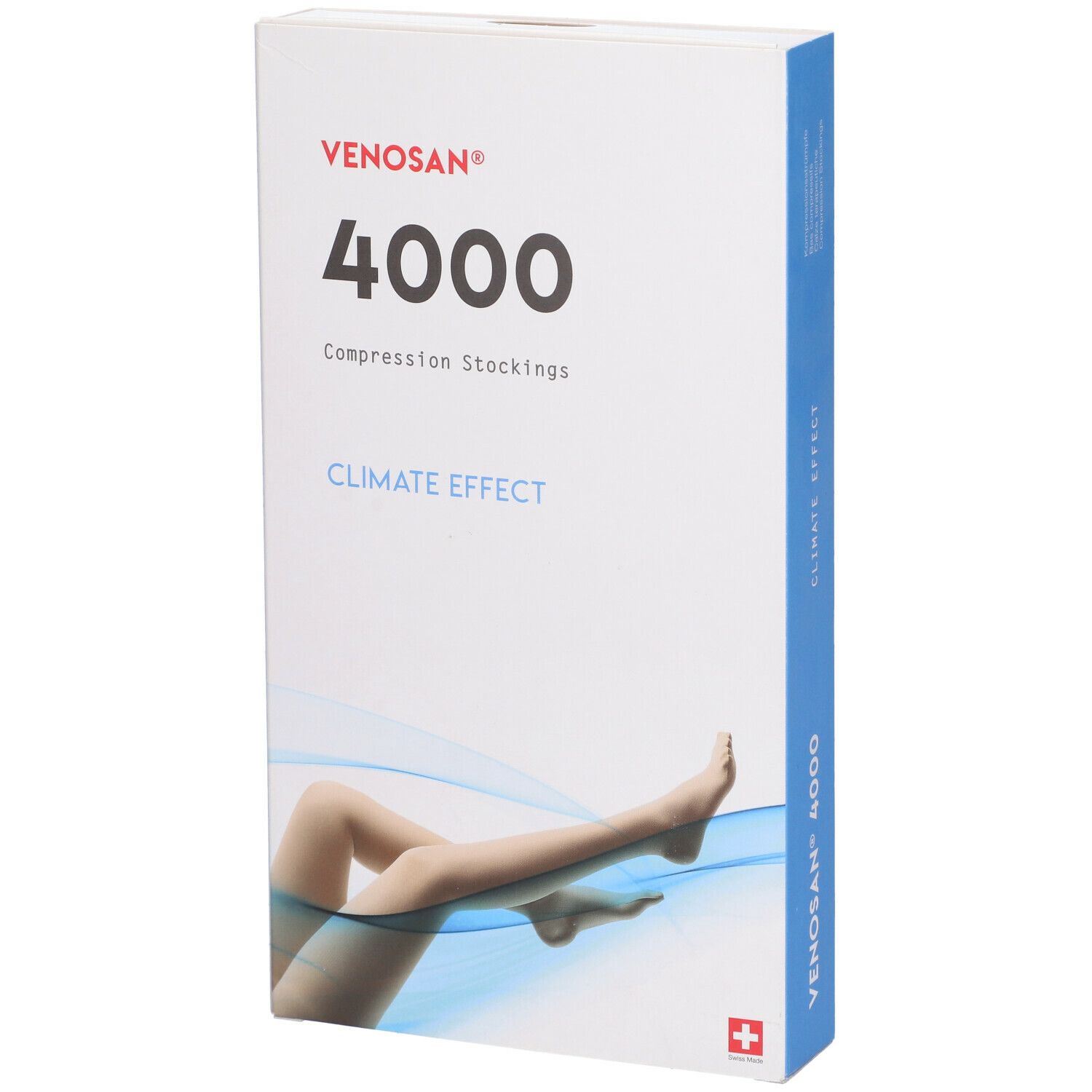 Confezione di calze a compressione Venosan 4000. Scritte: Venosan, 4000, Climate Effect. Immagine di gambe con calze.
