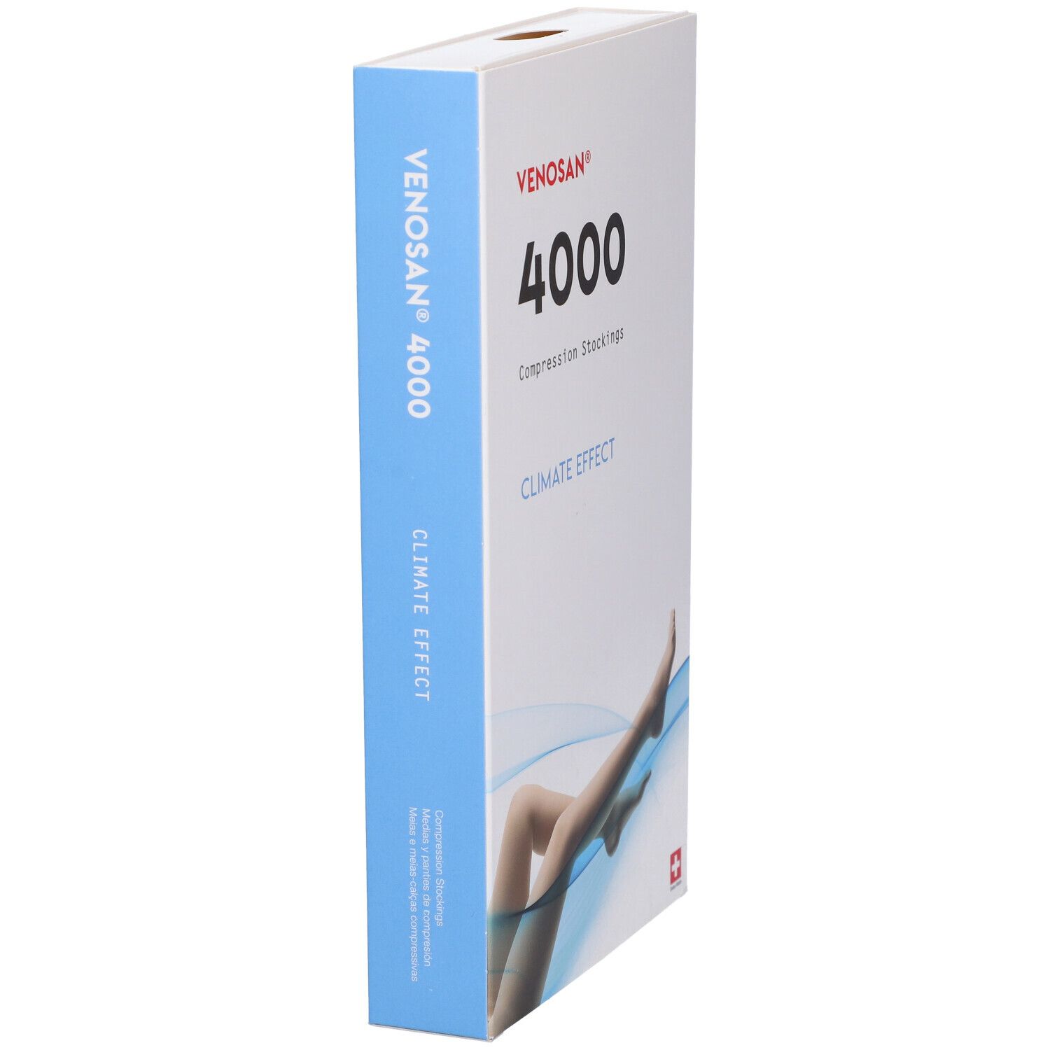 Confezione di calze a compressione Venosan 4000. Scritte: Venosan, 4000, Climate Effect. Immagine di gambe con calze.