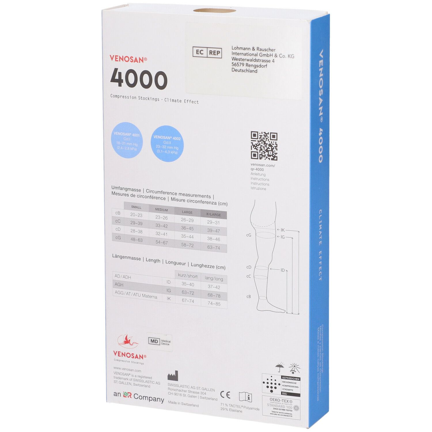 Retro della confezione di calze a compressione Venosan 4000. Informazioni su circonferenza, lunghezza e codice QR. Logo Venosan.