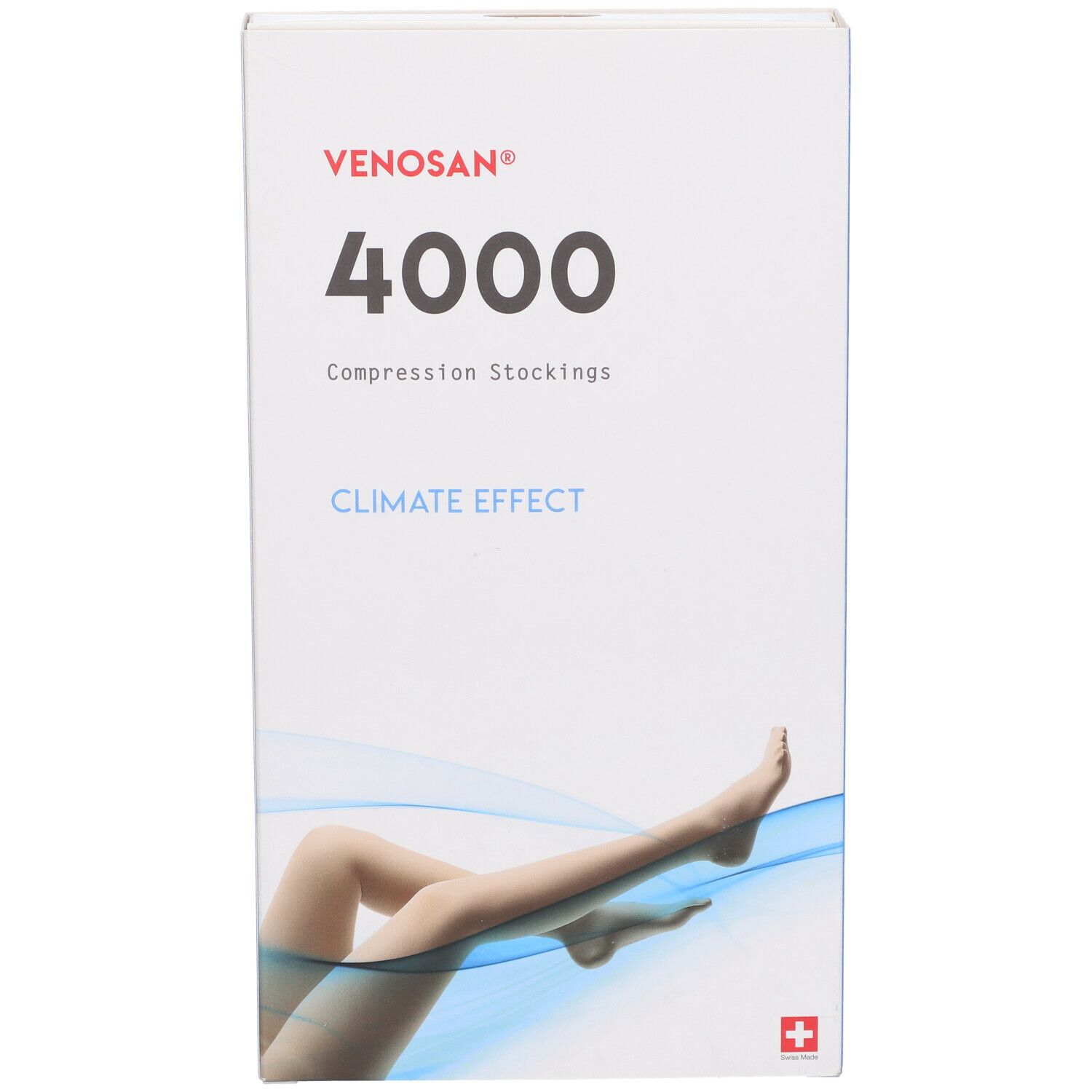 Confezione di calze a compressione Venosan 4000. Scritte: Venosan, 4000, Climate Effect. Immagine di gambe con calze.
