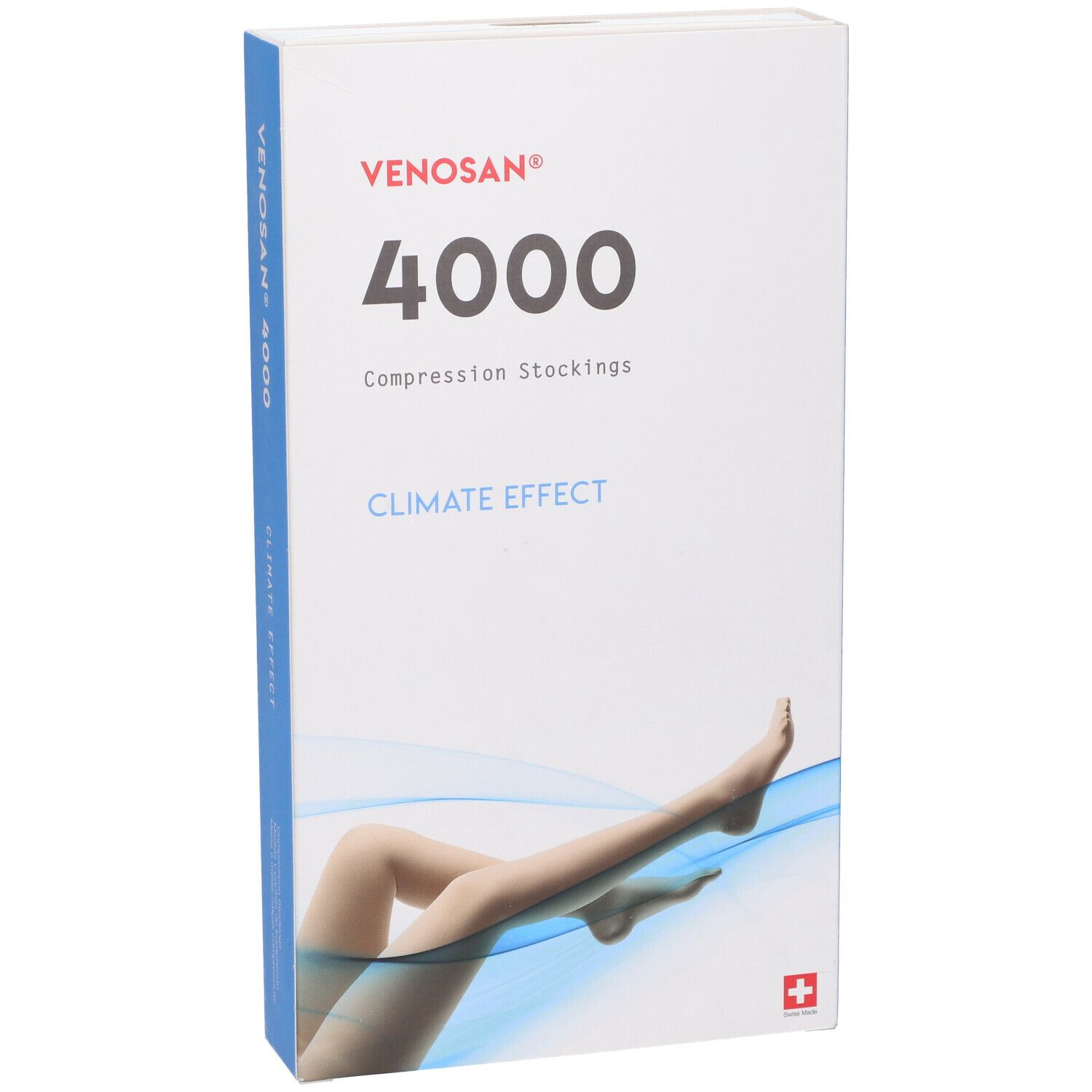 Confezione di calze a compressione Venosan 4000. Scritte: Venosan, 4000, Climate Effect. Immagine di gambe con calze.