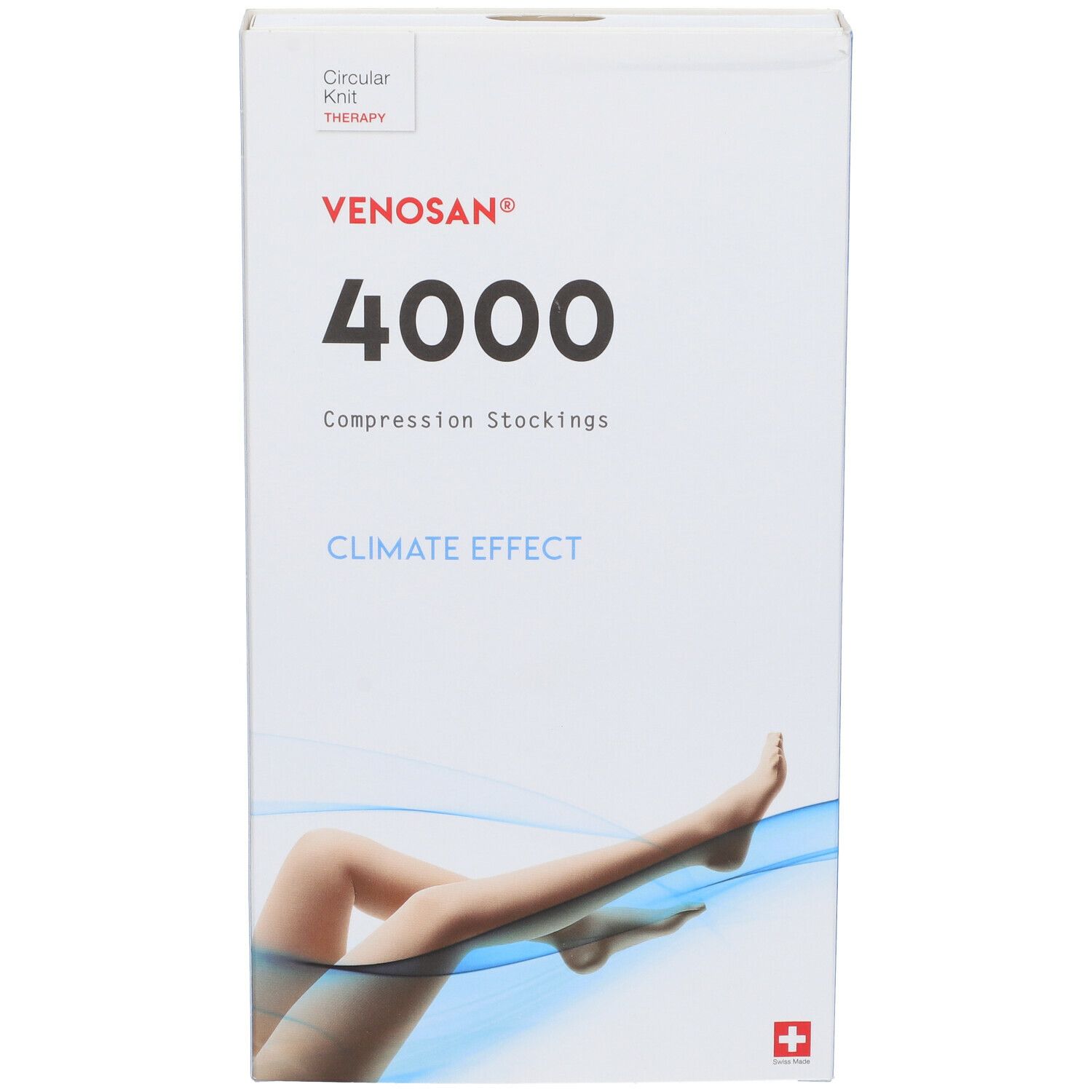 Confezione di calze a compressione Venosan 4000. Scritte: 4000, Climate Effect, croce svizzera. Immagine: gamba con calza.