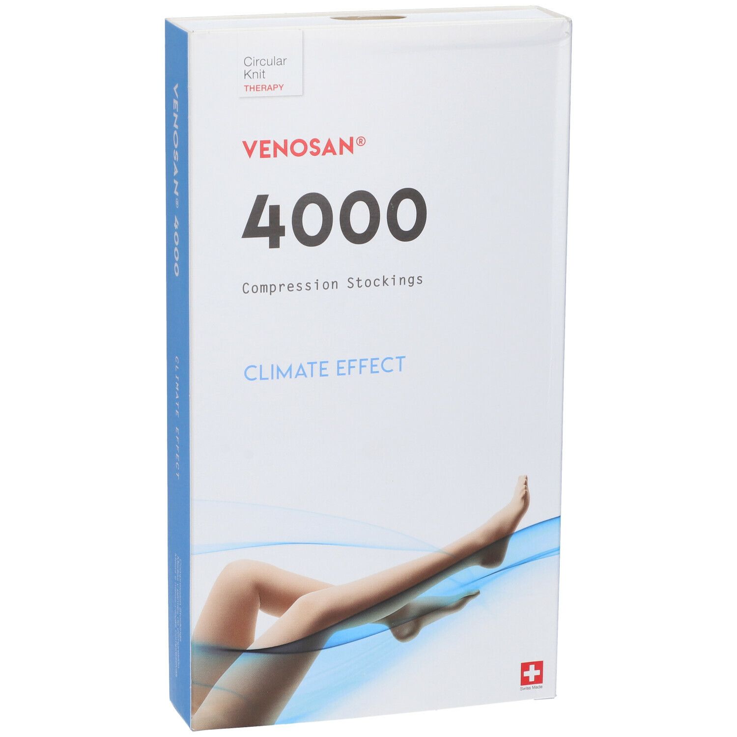 Confezione di calze a compressione Venosan 4000. Scritte: 4000, Climate Effect, croce svizzera. Immagine: gamba con calza.