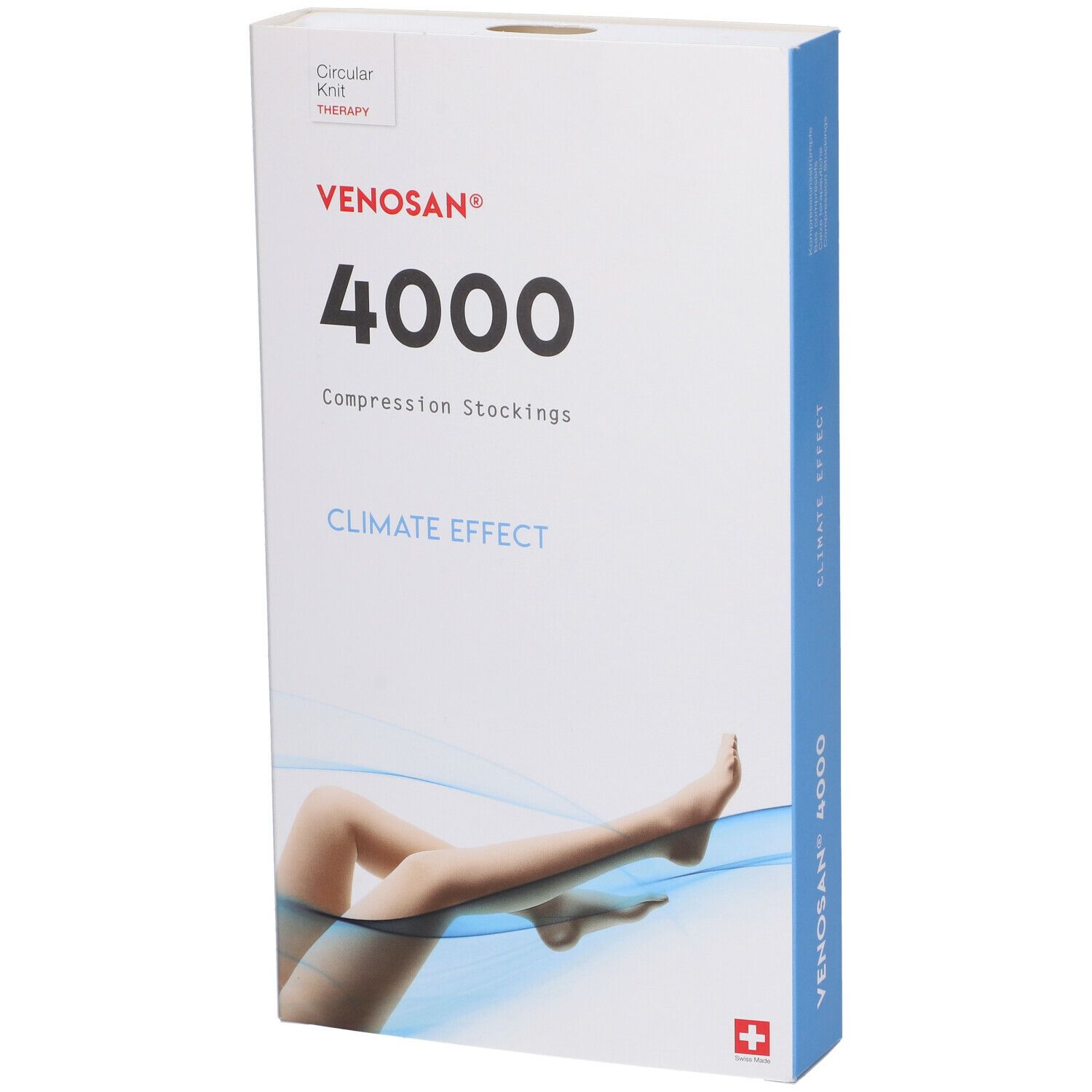 Confezione calze a compressione Venosan 4000. Bianco con lato blu. Croce svizzera.