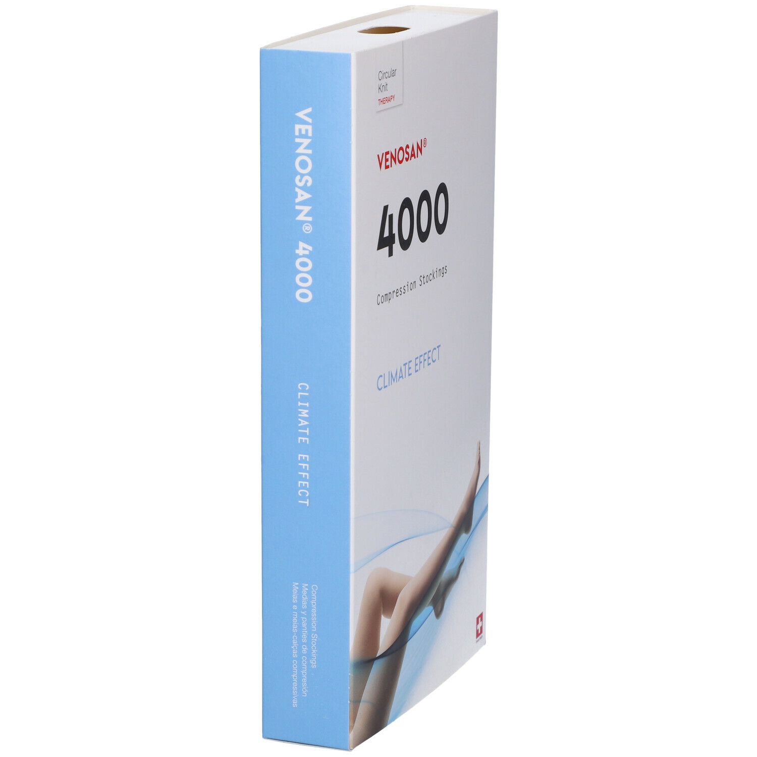 Confezione calze a compressione Venosan 4000. Bianco con lato blu. Croce svizzera.