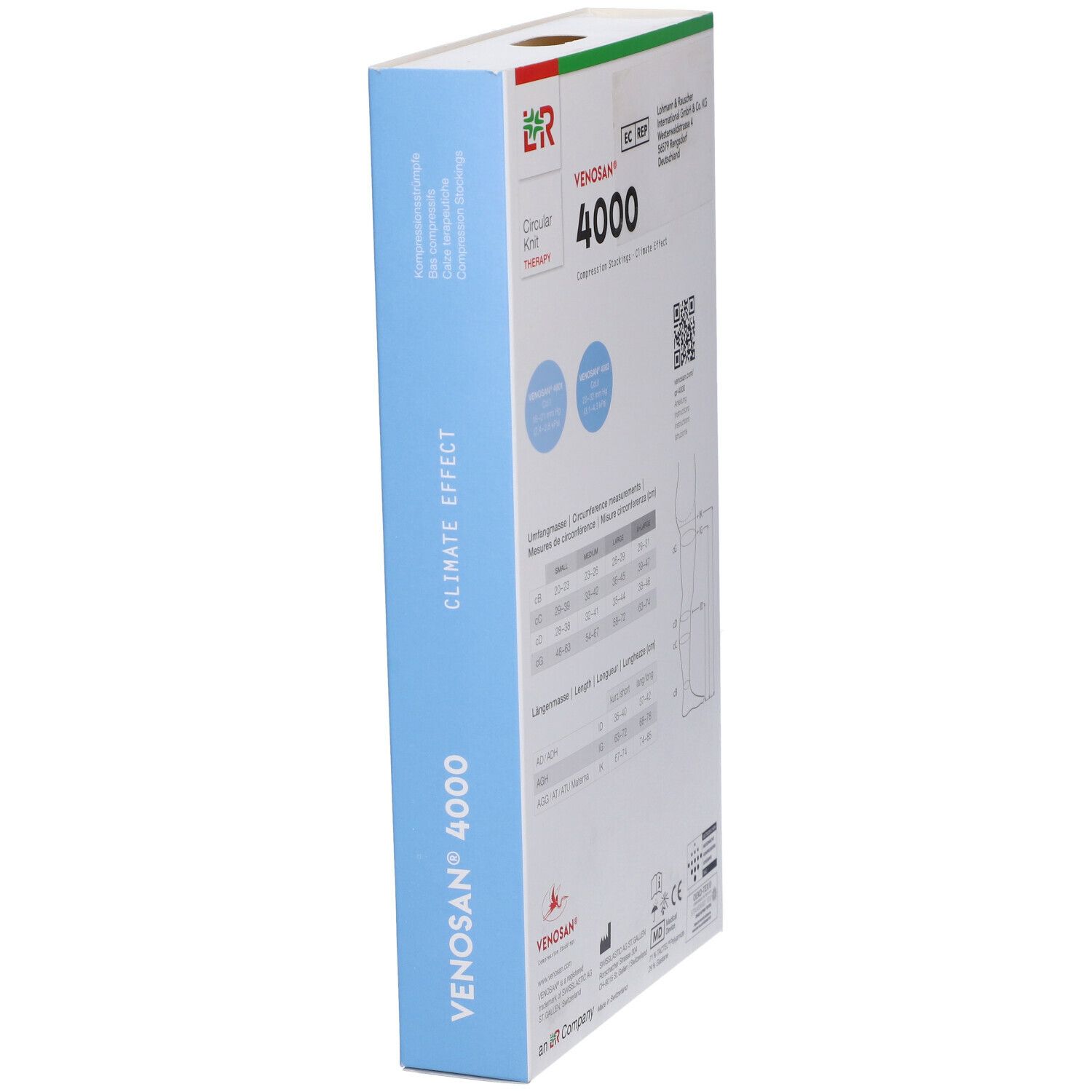 Confezione calze a compressione Venosan 4000. Retro con tabella taglie e QR code.