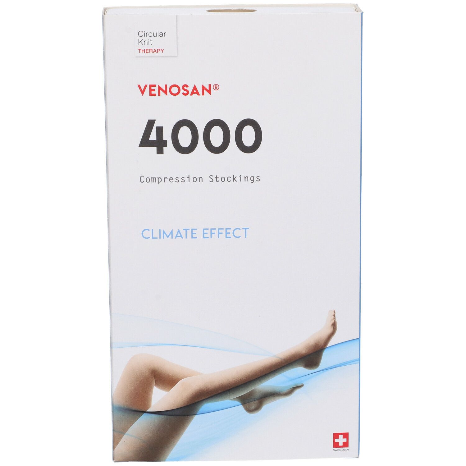 Confezione calze a compressione Venosan 4000. Bianco con lato blu. Croce svizzera.