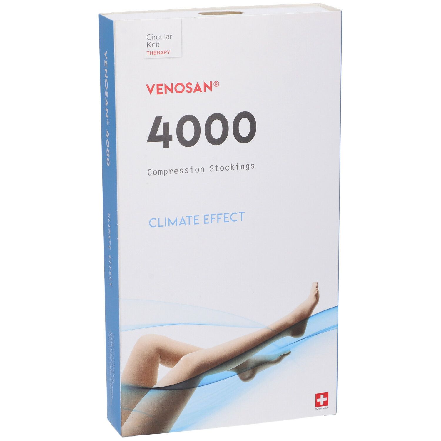 Confezione calze a compressione Venosan 4000. Bianco con lato blu. Croce svizzera.
