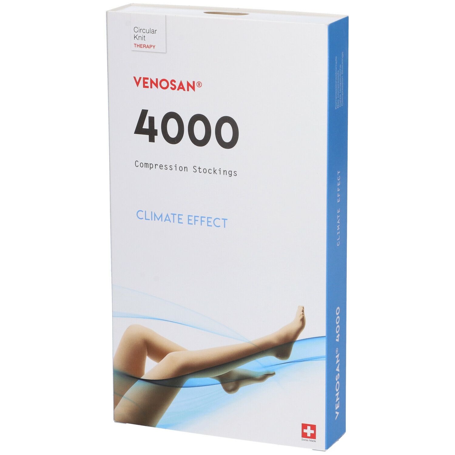 Confezione Venosan 4000 in diagonale. Scritte: 4000, Climate Effect, gamba con calza. Croce svizzera. Lati blu.