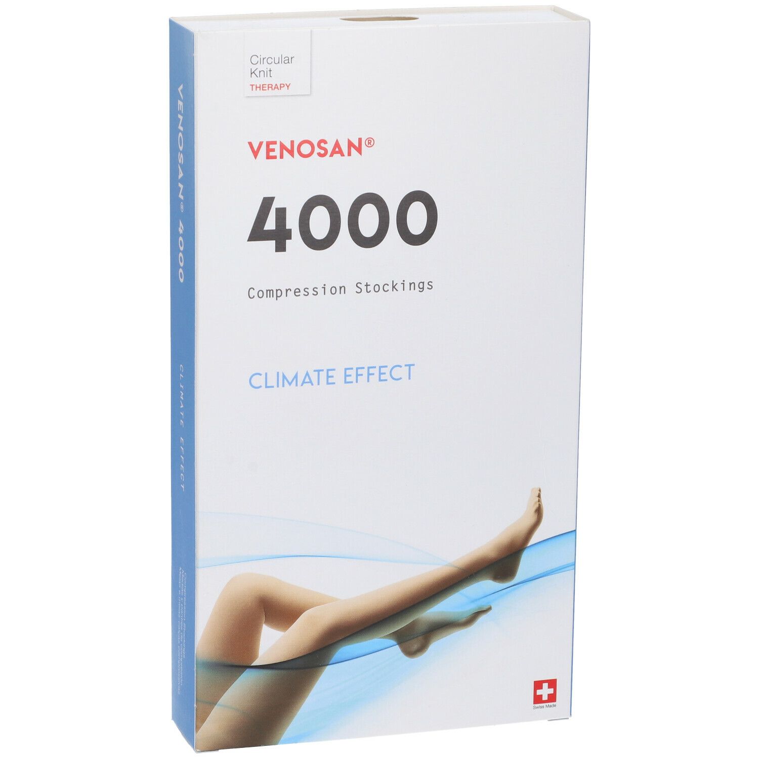 Confezione Venosan 4000. Scritte: 4000, Climate Effect, gamba con calza. Croce svizzera.