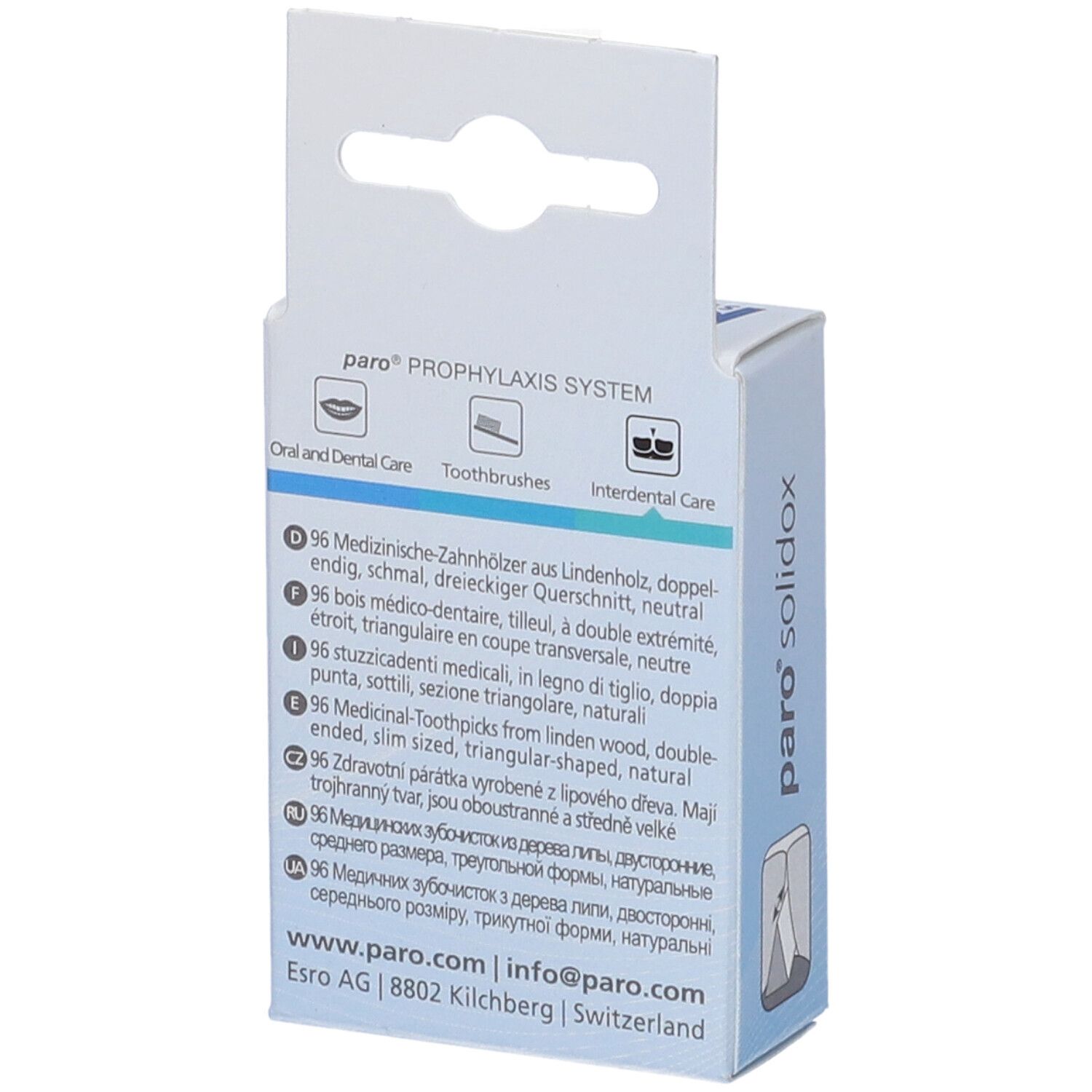 Retro della confezione in cartone. Scritta: paro PROPHYLAXIS SYSTEM. Descrizioni del prodotto in più lingue.