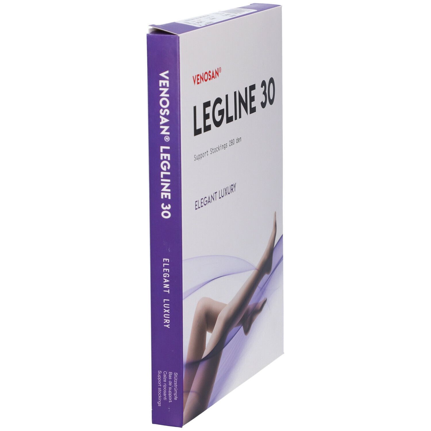 Confezione Venosan Legline 30, vista laterale. Scritto: Legline 30, Elegant Luxury. Accento viola.