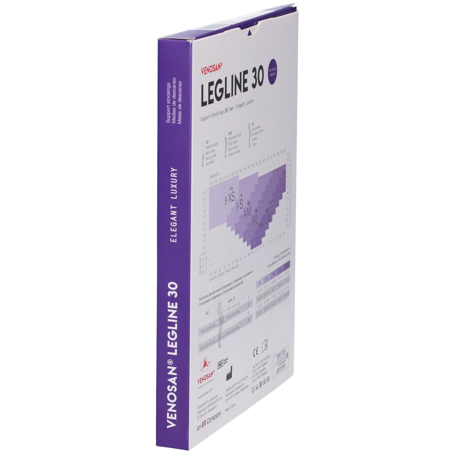 Confezione Venosan Legline 30, vista laterale. Scritto: Legline 30, Elegant Luxury. Accento viola.