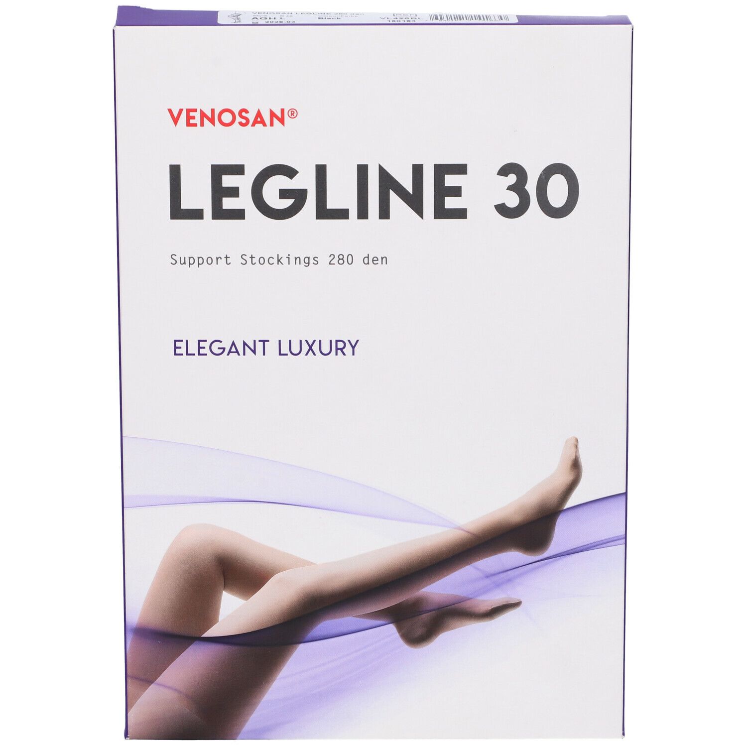 Confezione Venosan Legline 30. Scritto: Legline 30, Support Stockings 280 den, Elegant Luxury. Immagine di gambe.