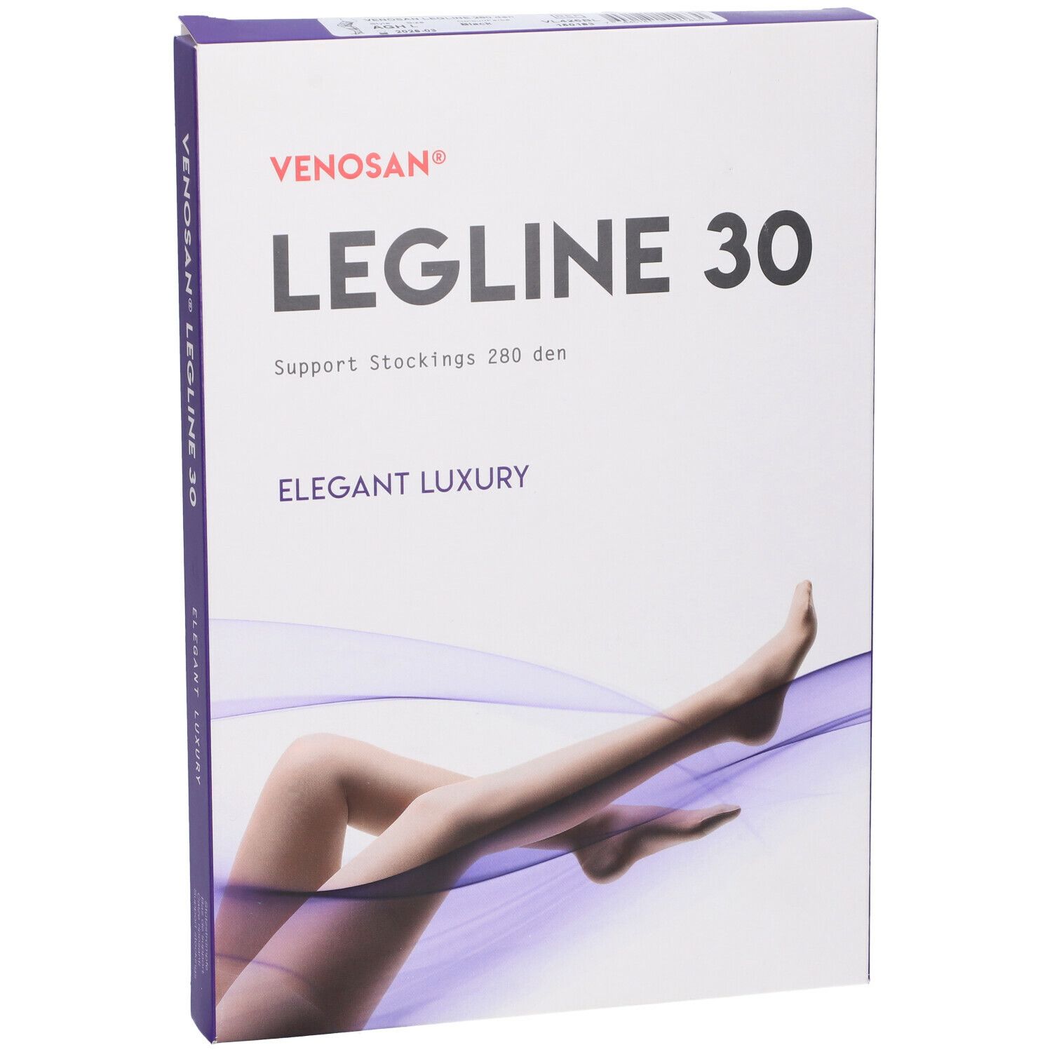 Confezione Venosan Legline 30. Scritto: Legline 30, Support Stockings 280 den, Elegant Luxury. Immagine di gambe.