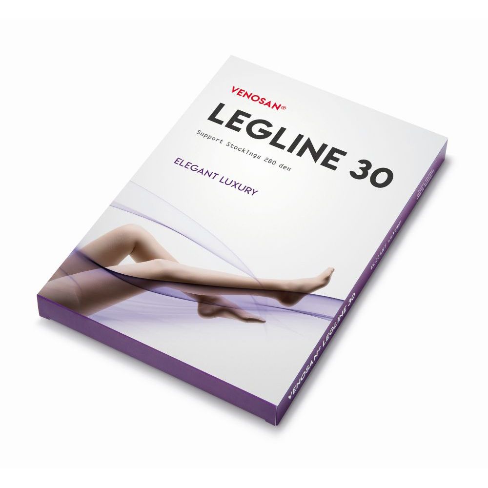 Confezione Venosan Legline 30. Scritta: Legline 30, calze a compressione 280 den, Elegant Luxury. Immagine di gambe.