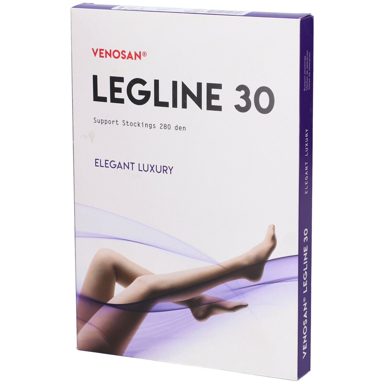 Confezione Venosan Legline 30. Scritta: Legline 30, calze a compressione 280 den, Elegant Luxury. Immagine di gambe.