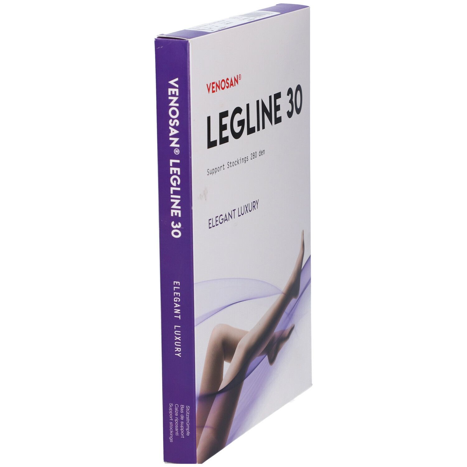 Confezione Venosan Legline 30. Scritta: Legline 30, calze a compressione 280 den, Elegant Luxury. Vista laterale.