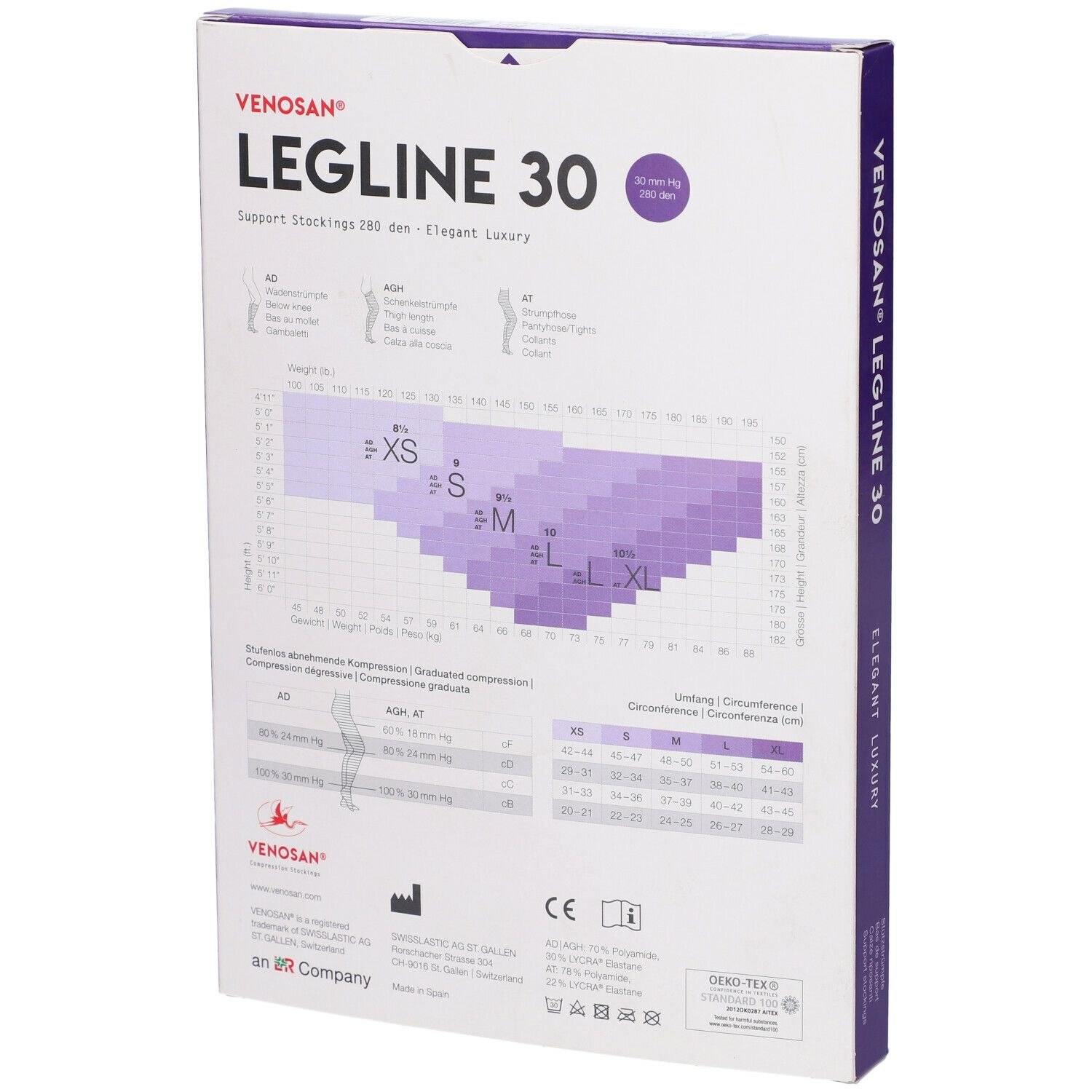 Retro della confezione Venosan Legline 30. Informazioni sulle taglie. Certificazione Oeko-Tex.