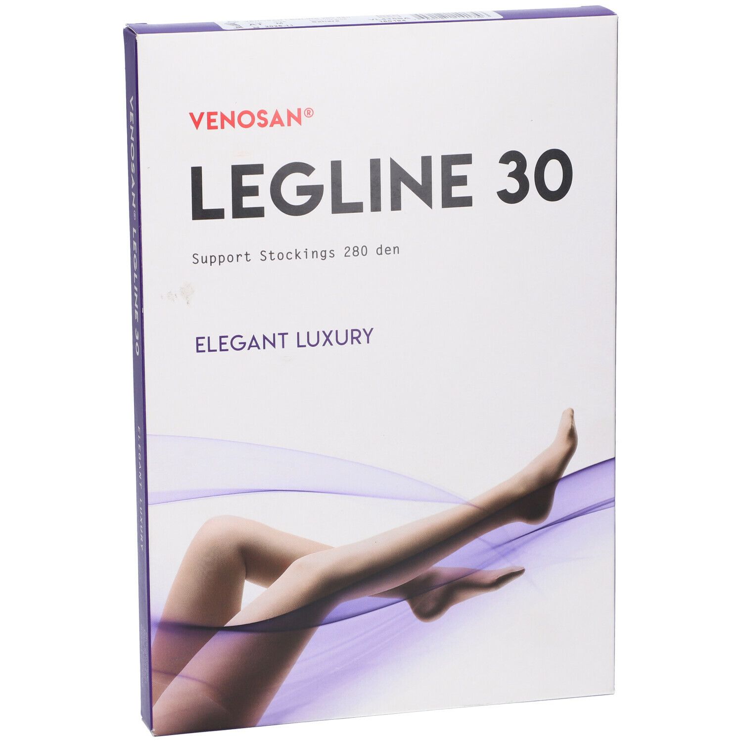 Confezione Venosan Legline 30. Scritta: Legline 30, calze a compressione 280 den, Elegant Luxury. Immagine di gambe.