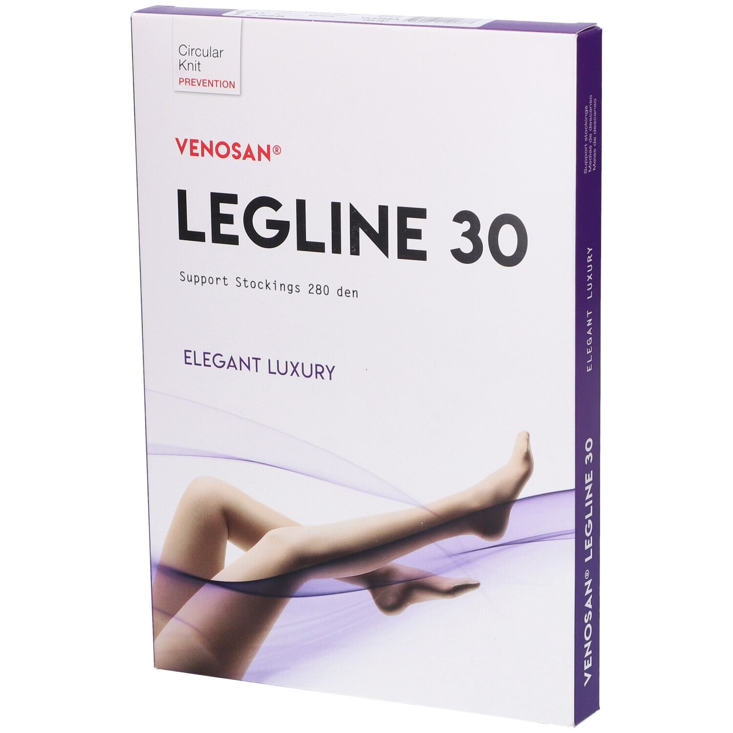 Confezione Venosan Legline 30. Scritto: Legline 30, Support Stockings 280 den, Elegant Luxury. Logo e testo.
