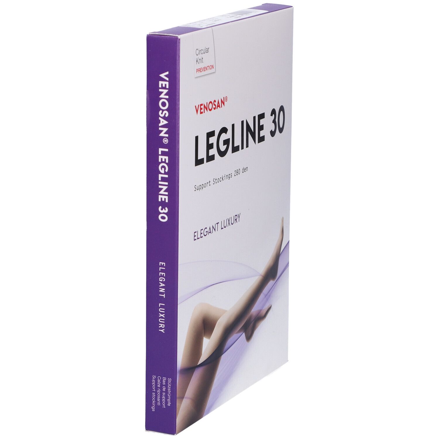 Confezione Venosan Legline 30. Scritto: Legline 30, Support Stockings 280 den, Elegant Luxury. Logo e testo.