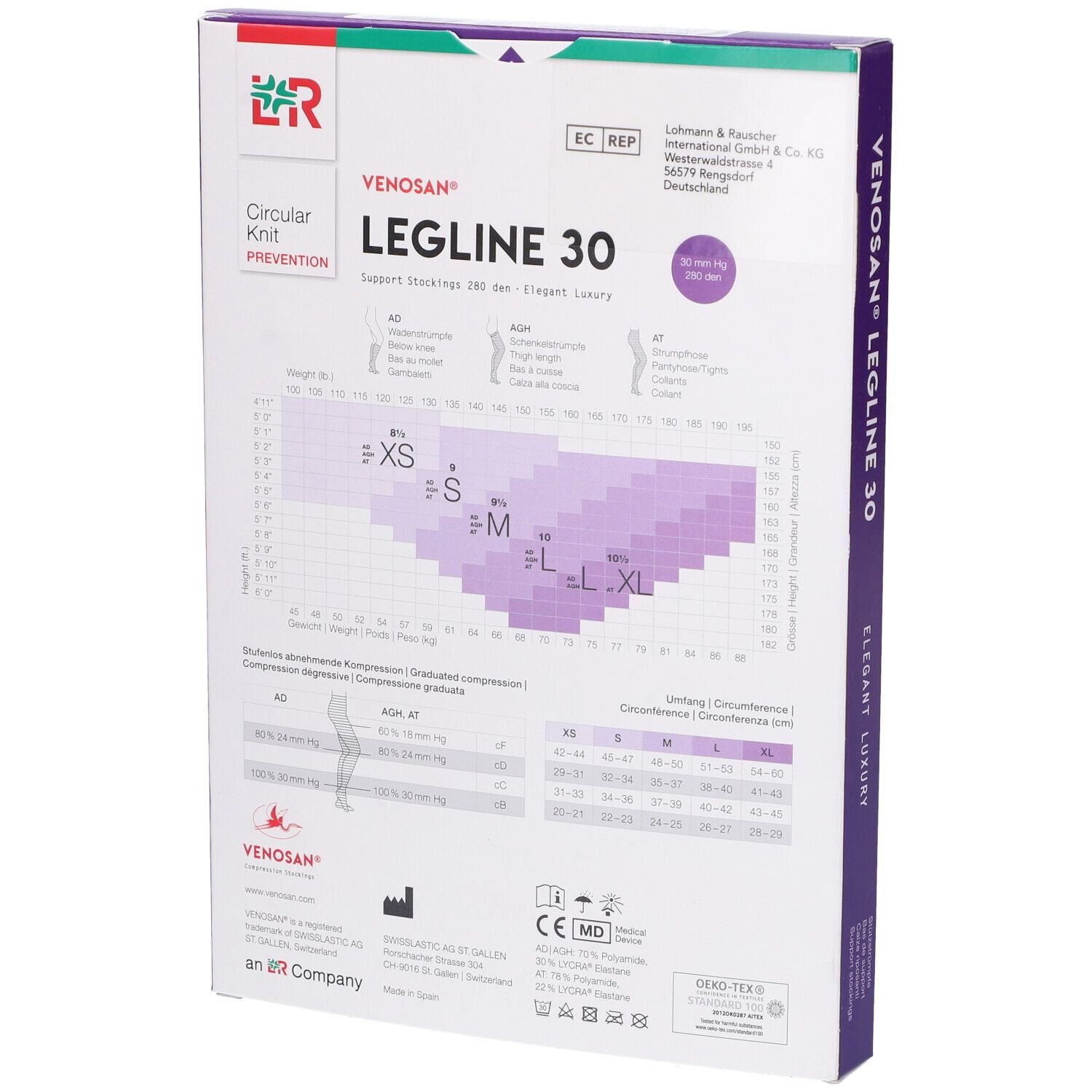 Retro della confezione Venosan Legline 30. Informazioni e taglie. Logo e testo.