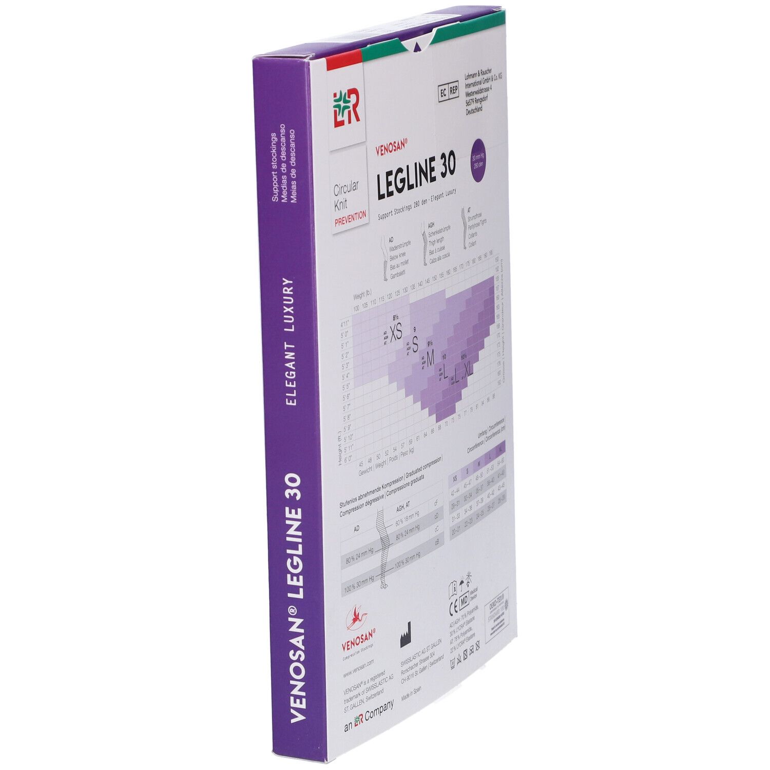 Confezione Venosan Legline 30. Scritto: Legline 30, Support Stockings 280 den, Elegant Luxury. Logo e testo.