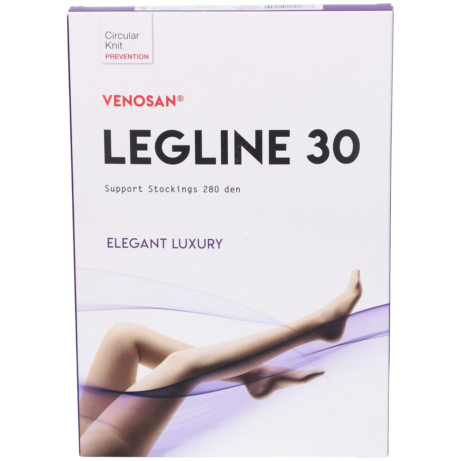 Confezione Venosan Legline 30. Scritto: Legline 30, Support Stockings 280 den, Elegant Luxury. Logo e testo.