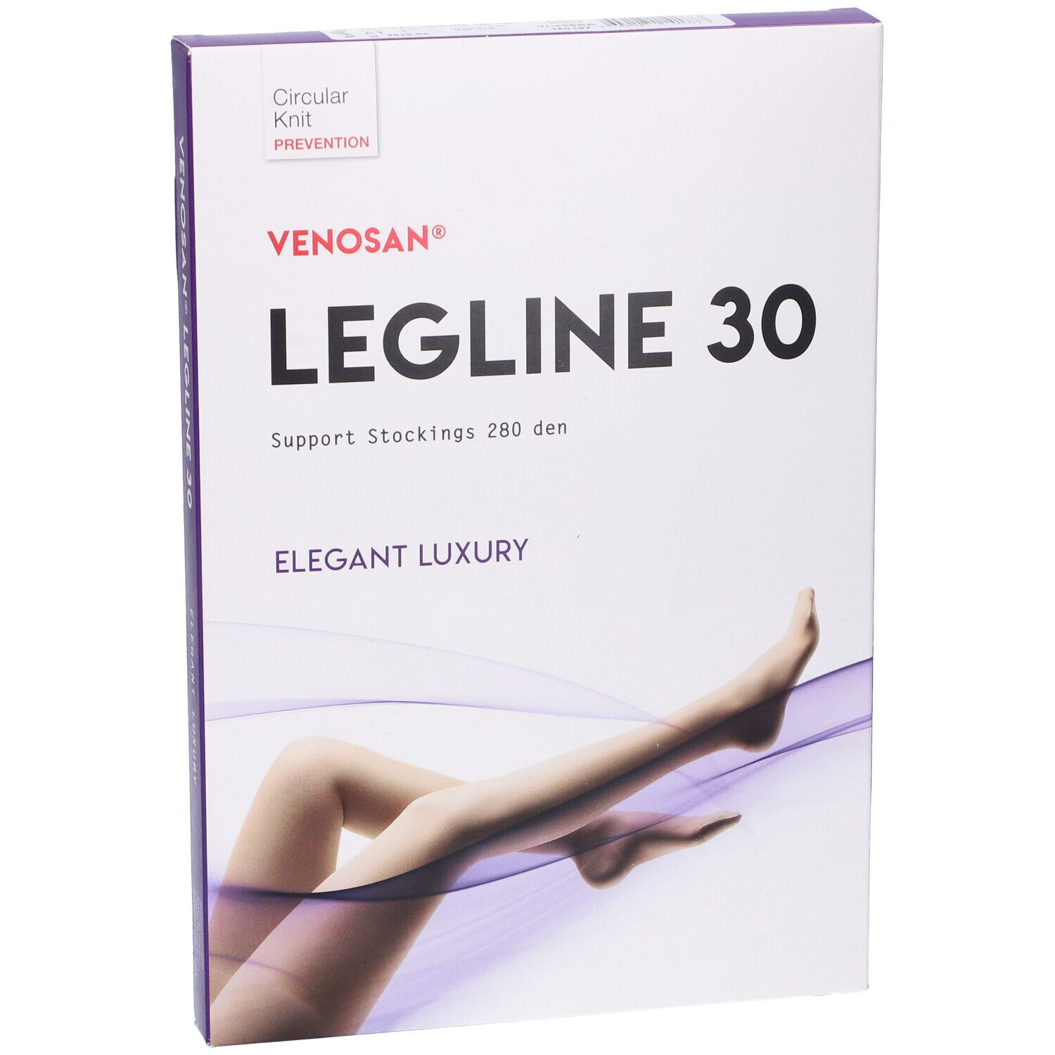 Confezione Venosan Legline 30. Scritto: Legline 30, Support Stockings 280 den, Elegant Luxury. Logo e testo.