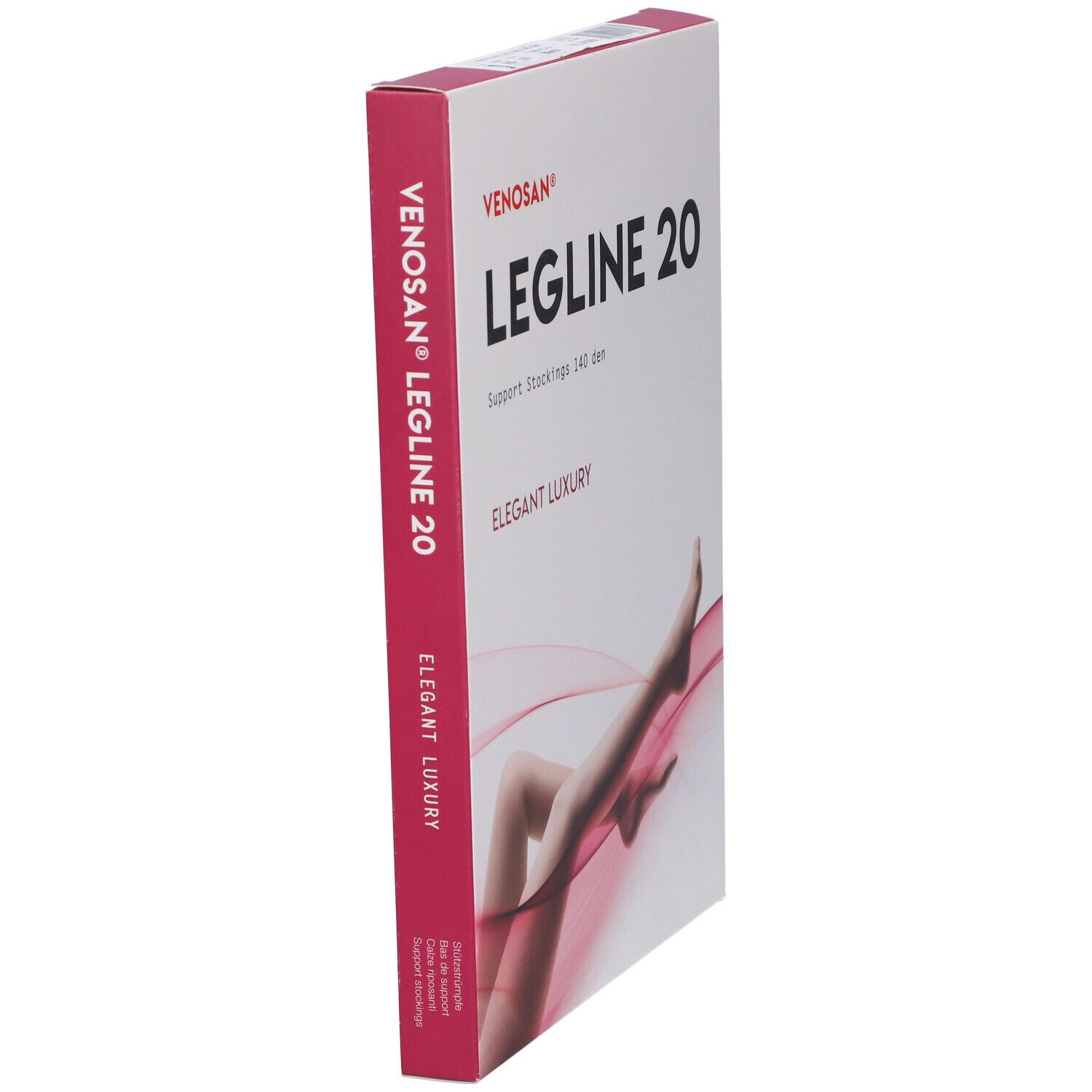 Confezione Venosan Legline 20, vista laterale. Nome prodotto, illustrazione gamba e accenti rosa.