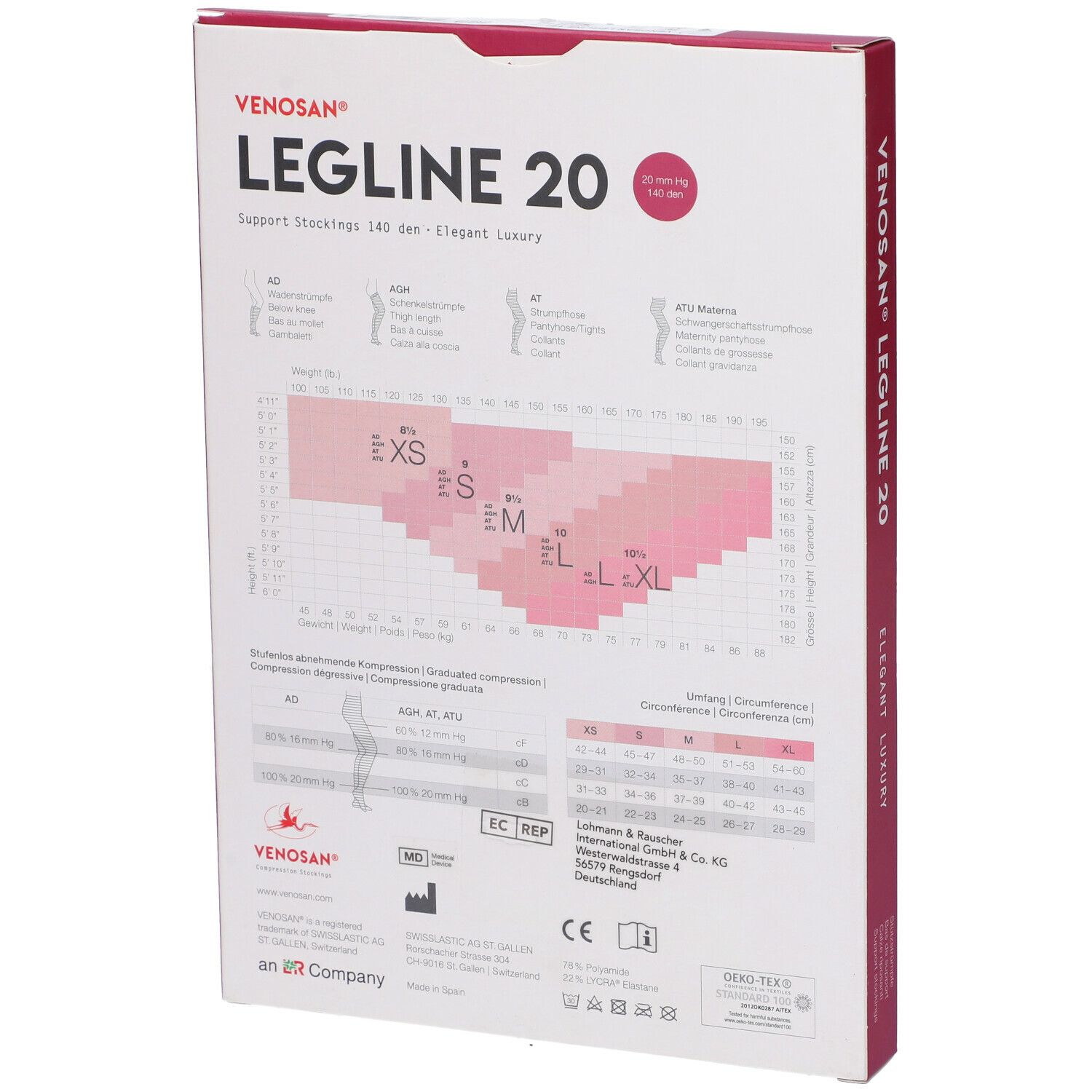 Confezione Venosan Legline 20, retro. Tabella taglie e informazioni prodotto. Accenti rosa.