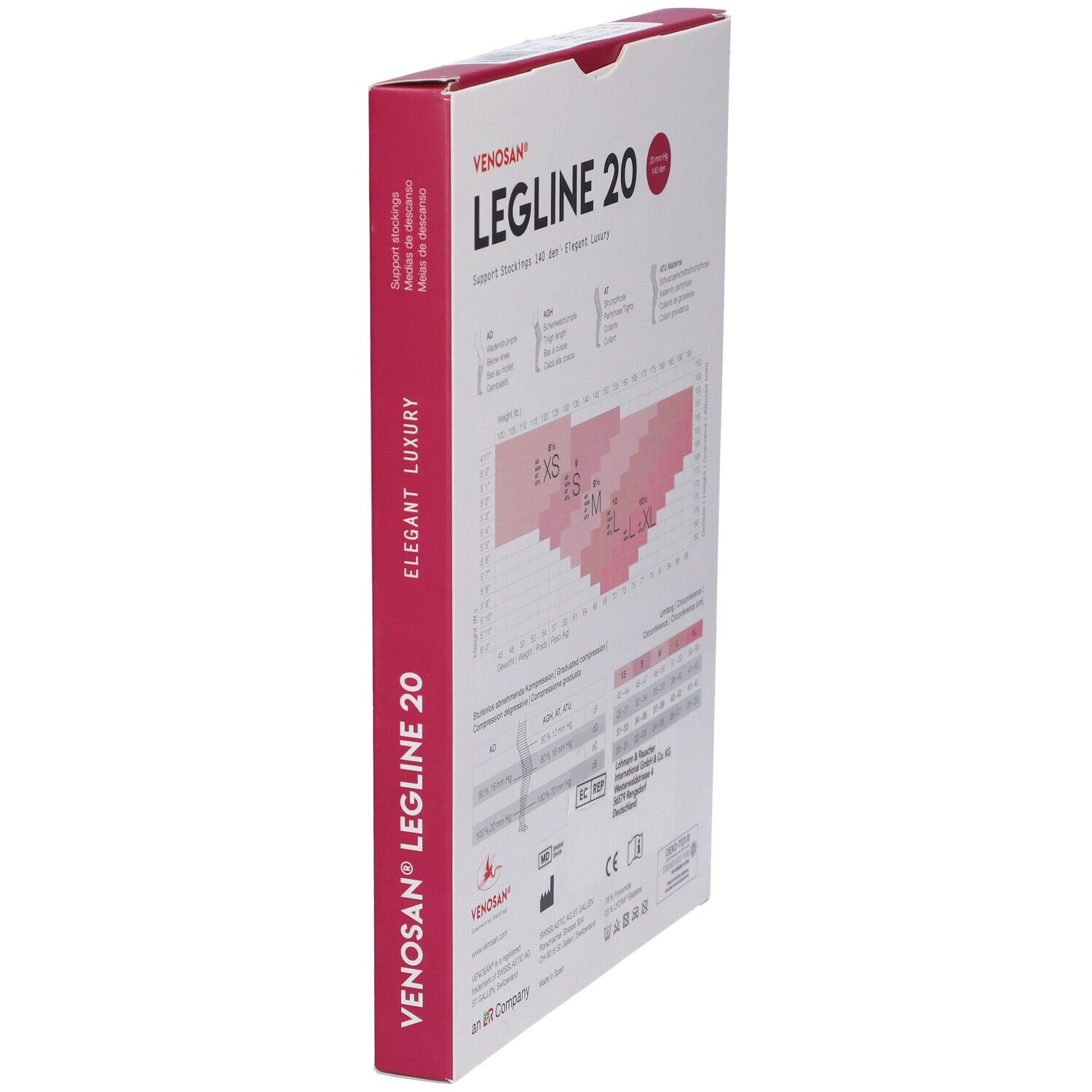 Confezione Venosan Legline 20, vista laterale. Nome prodotto e tabella taglie. Accenti rosa.