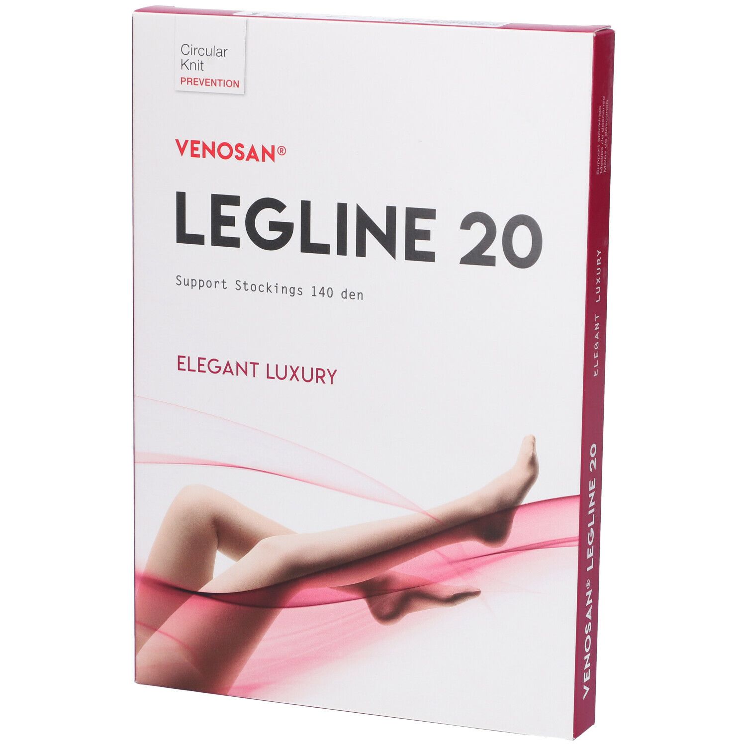 Confezione Venosan Legline 20. Scatola bianca con nome prodotto, illustrazione gamba e bordo rosso.
