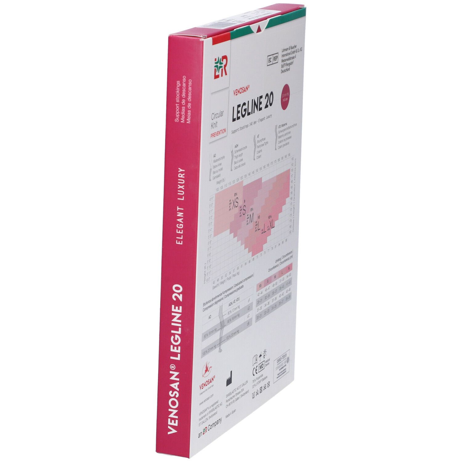 Confezione Venosan Legline 20. Vista laterale con nome prodotto e diagrammi. Bordo rosso.