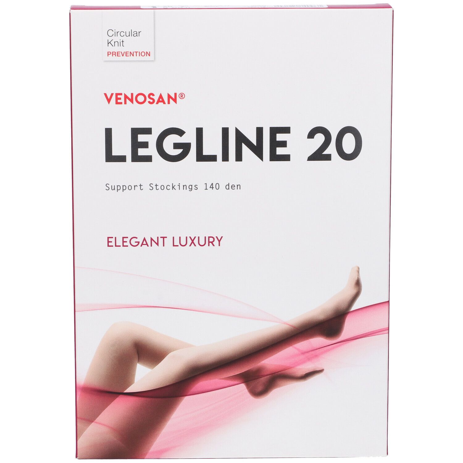 Confezione Venosan Legline 20. Scatola bianca con nome prodotto, illustrazione gamba e bordo rosso.
