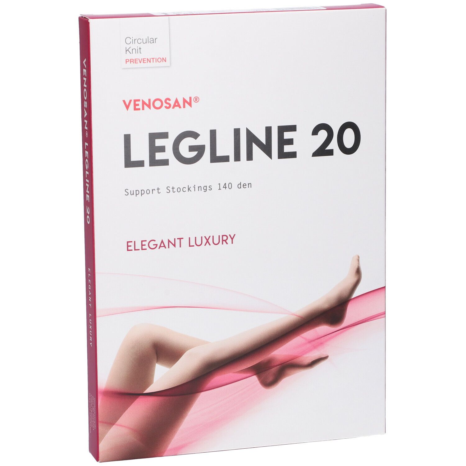 Confezione Venosan Legline 20. Scatola bianca con nome prodotto, illustrazione gamba e bordo rosso.