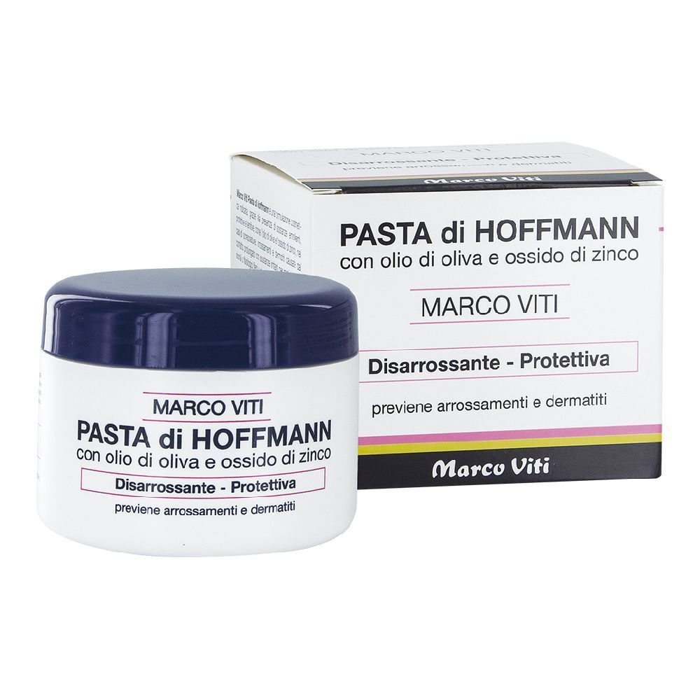 Barattolo con coperchio blu. Scritta: PASTA di HOFFMANN, con olio d'oliva e ossido di zinco. Marca: Marco Viti.