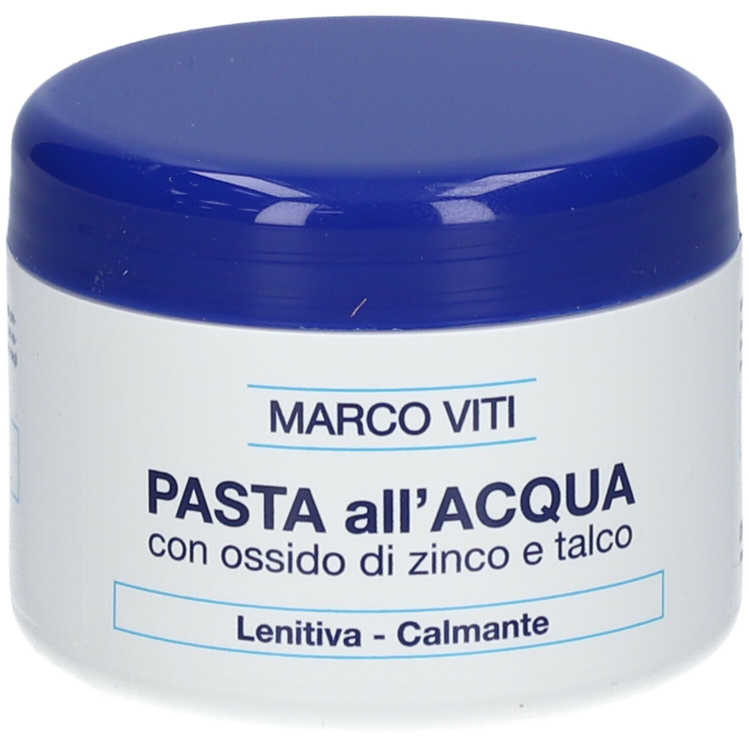 Creme-Dose mit blauem Deckel. Aufschrift: PASTA all'ACQUA, Marco Viti.