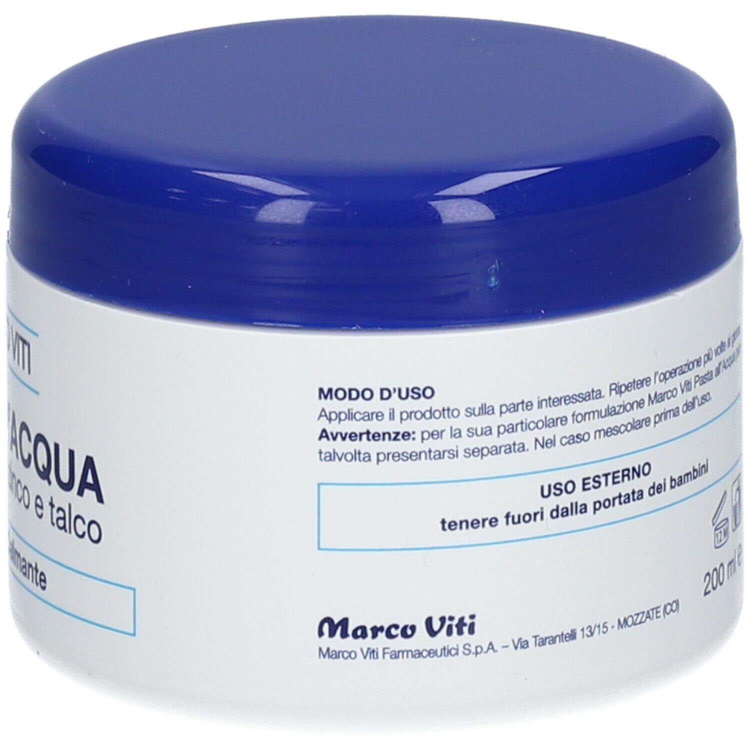 Creme-Dose mit blauem Deckel. Aufschrift: PASTA all'ACQUA, Marco Viti. Text auf der Seite.