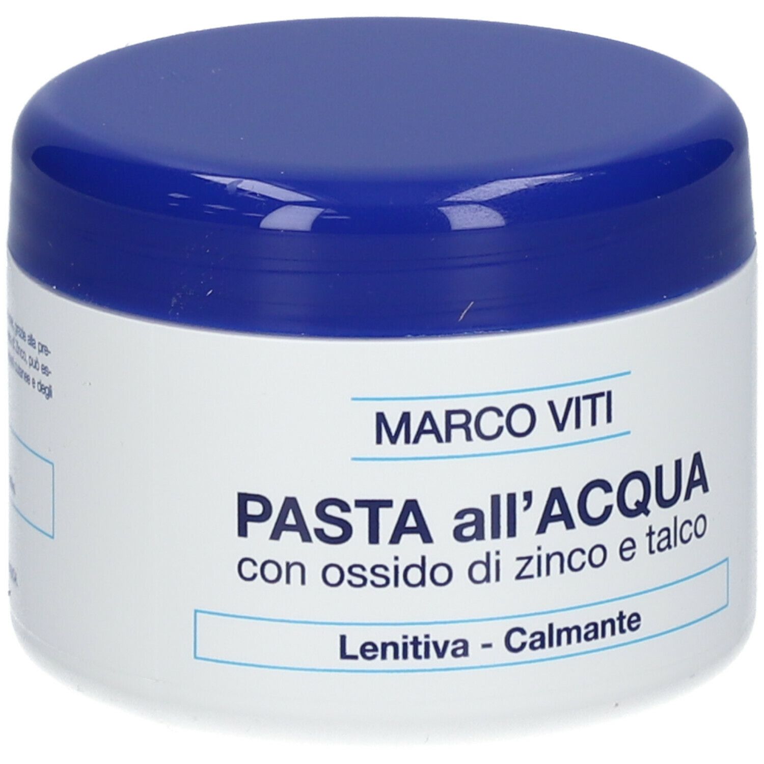 Creme-Dose mit blauem Deckel. Aufschrift: PASTA all'ACQUA, Marco Viti.