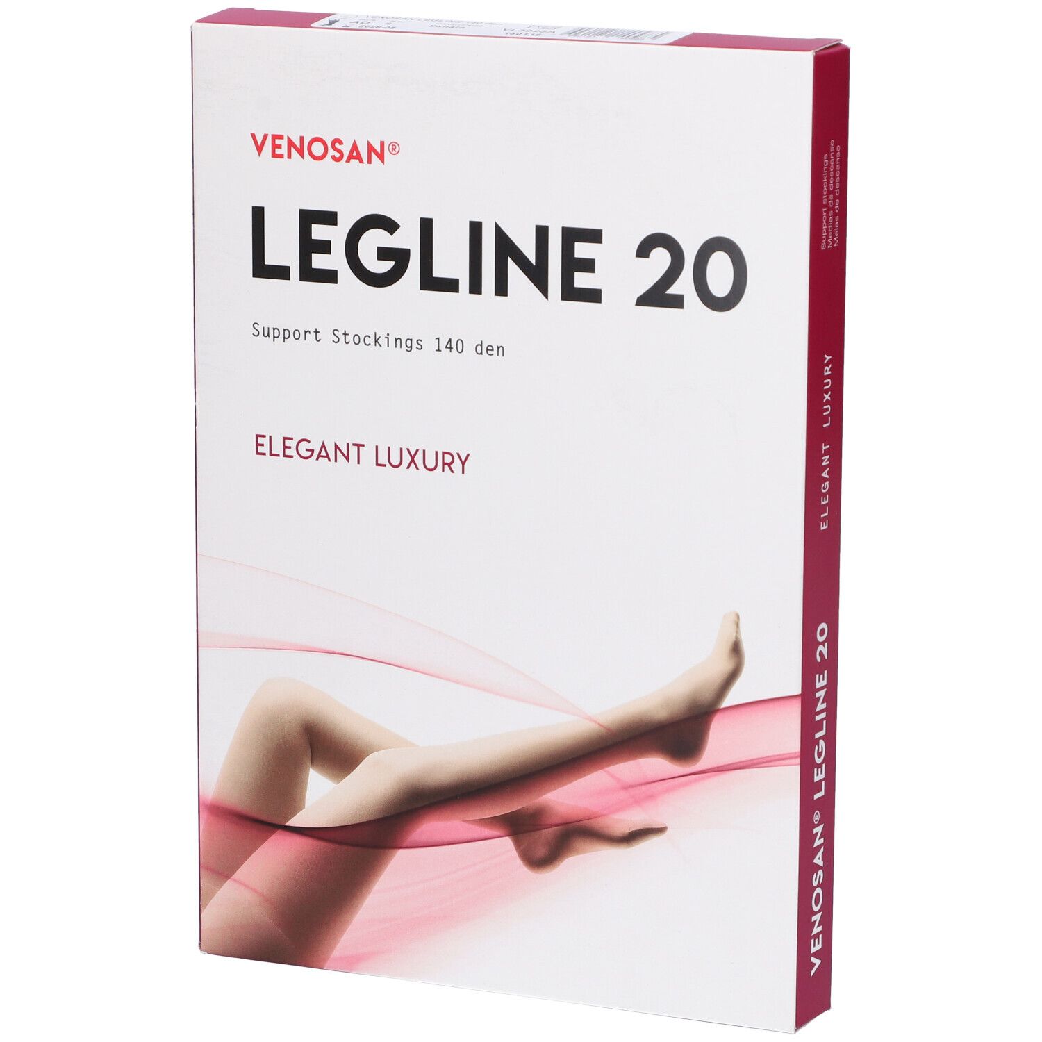 Confezione Venosan Legline 20. Scatola bianca con nome prodotto e illustrazione gamba. Accenti rosa.