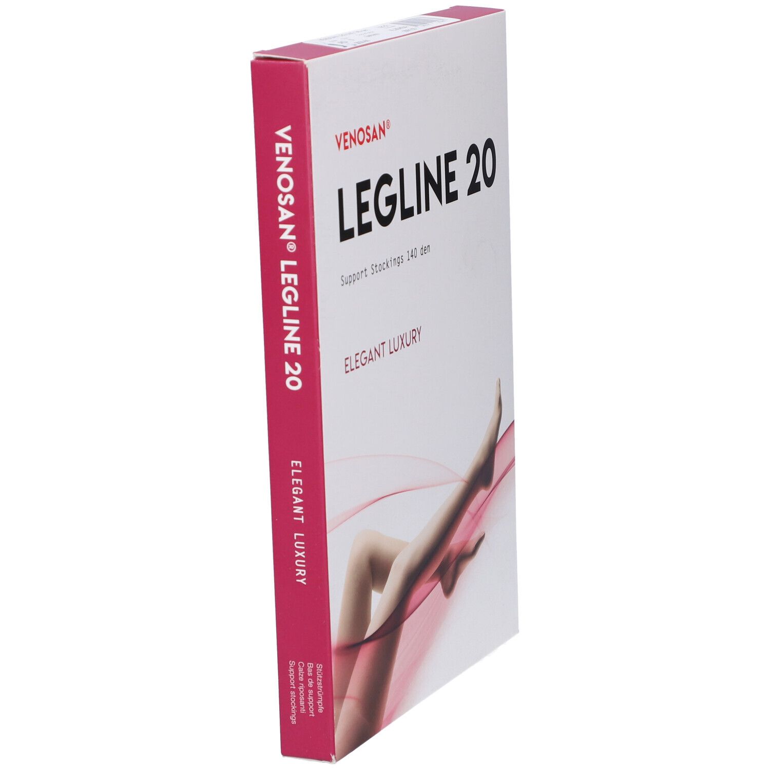 Confezione Venosan Legline 20. Scatola bianca con nome prodotto e illustrazione gamba. Accenti rosa.