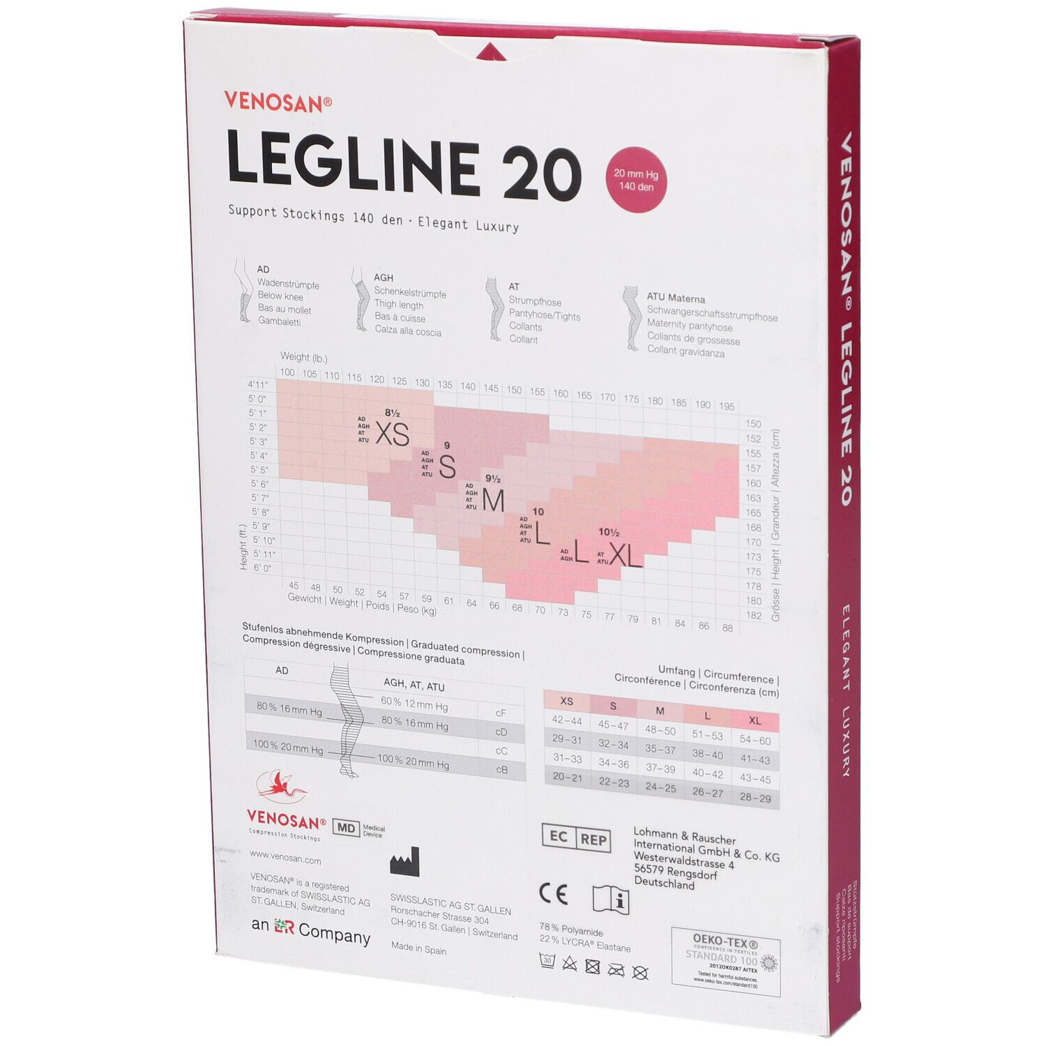 Confezione Venosan Legline 20. Retro con tabella taglie e informazioni prodotto. Colori rosa e bianco.