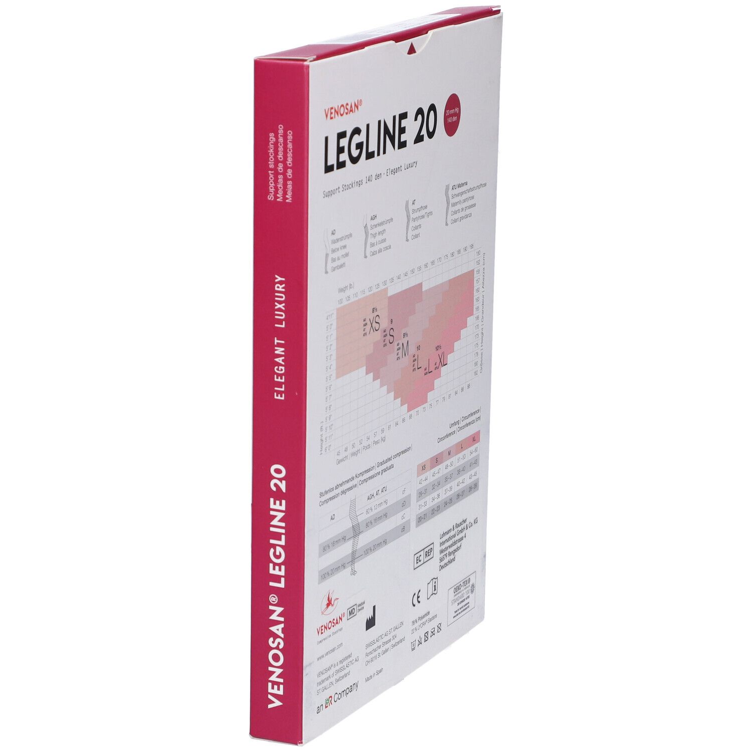 Confezione Venosan Legline 20. Vista laterale con nome prodotto e informazioni. Colori rosa e bianco.