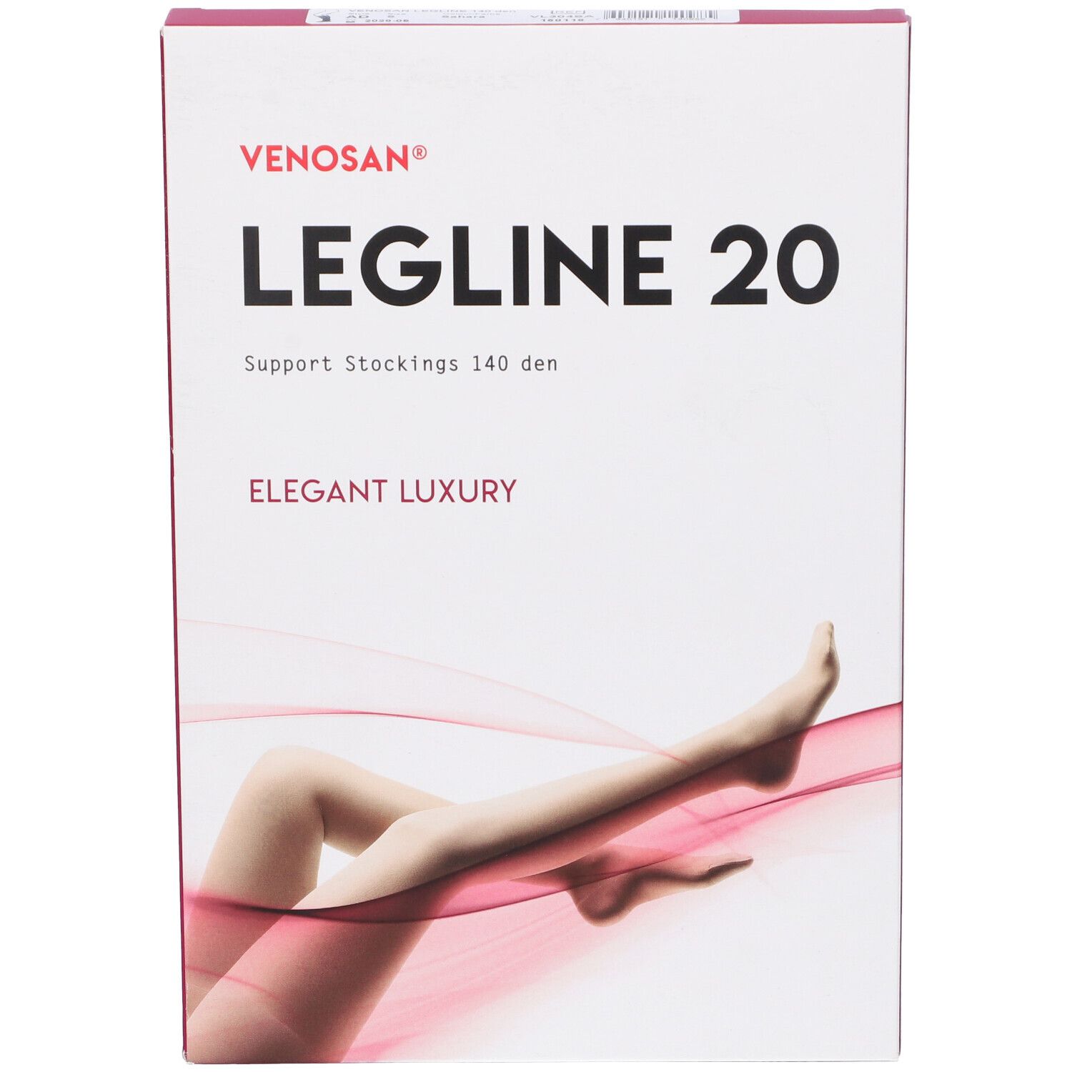 Confezione Venosan Legline 20. Scatola bianca con nome prodotto e illustrazione gamba. Accenti rosa.